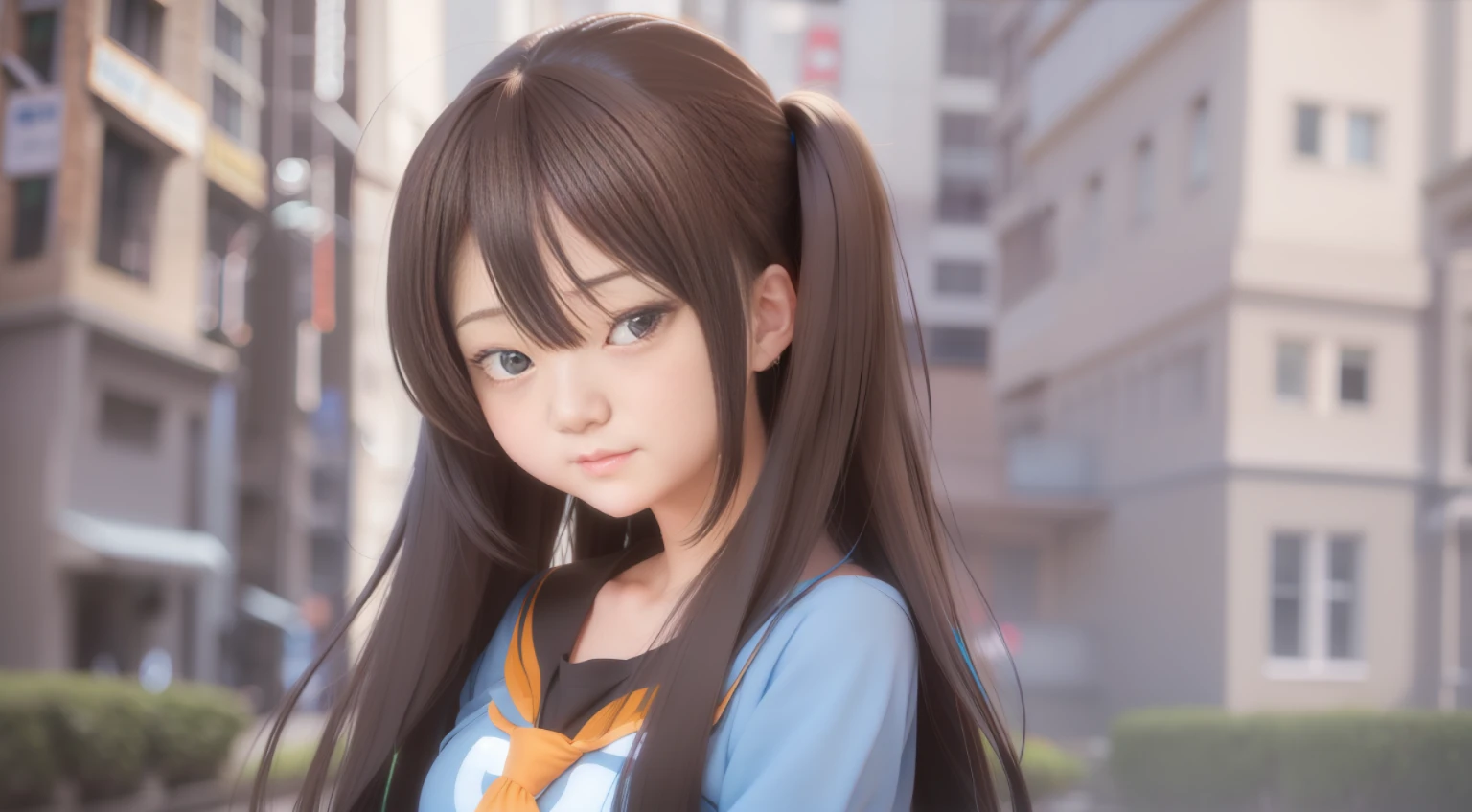 anime girl with long hair and a blue shirt posing for a picture, realistic anime 3 d style, 3 d anime realistic, photorealistic anime, photorealistic anime girl render, smooth anime cg art, anime styled 3d, realistic anime artstyle, anime realism style, anime style. 8k, realistic young anime girl, render of a cute 3d anime girl
