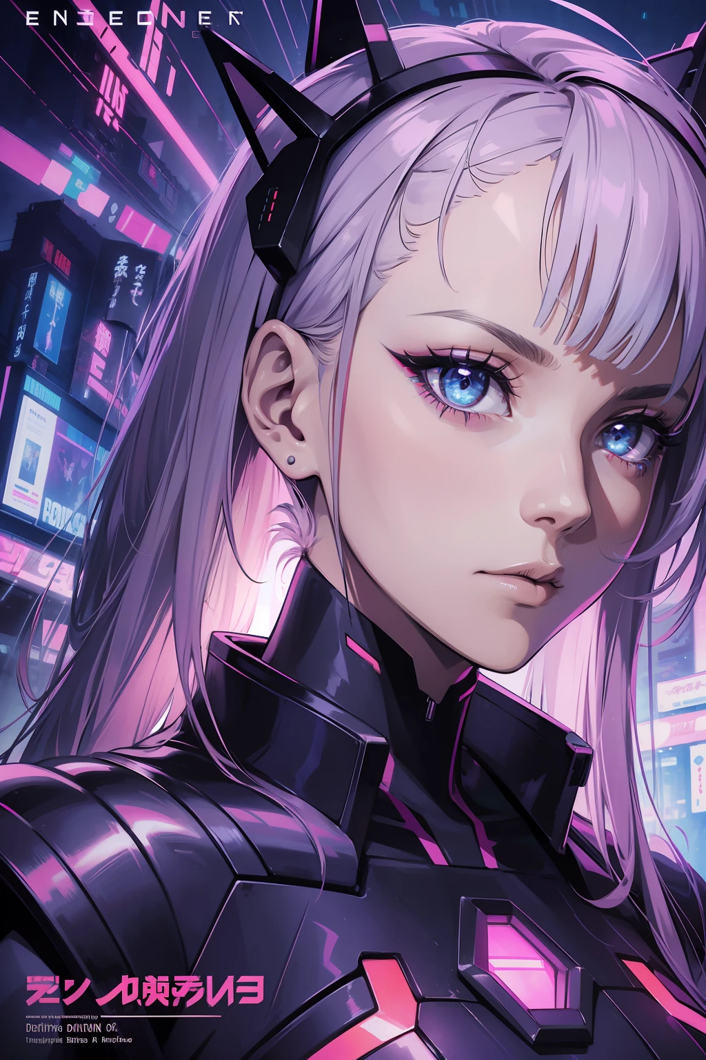 synthpunk, neonpunk, cyberpunk, ultra futuristic, otherworldly, supernatural, divine aura, wires, cables, beautiful long hair, detailed eyes, beautiful bright cosmic glowing eyes, hyperdetailed face, complex, symmetrical face, sharp focus, perfect, model, close-up, textured, chiaroscuro, professional make-up, realistic, rough, gritty, dominating, figure in frame,( movie poster, Japanese text)