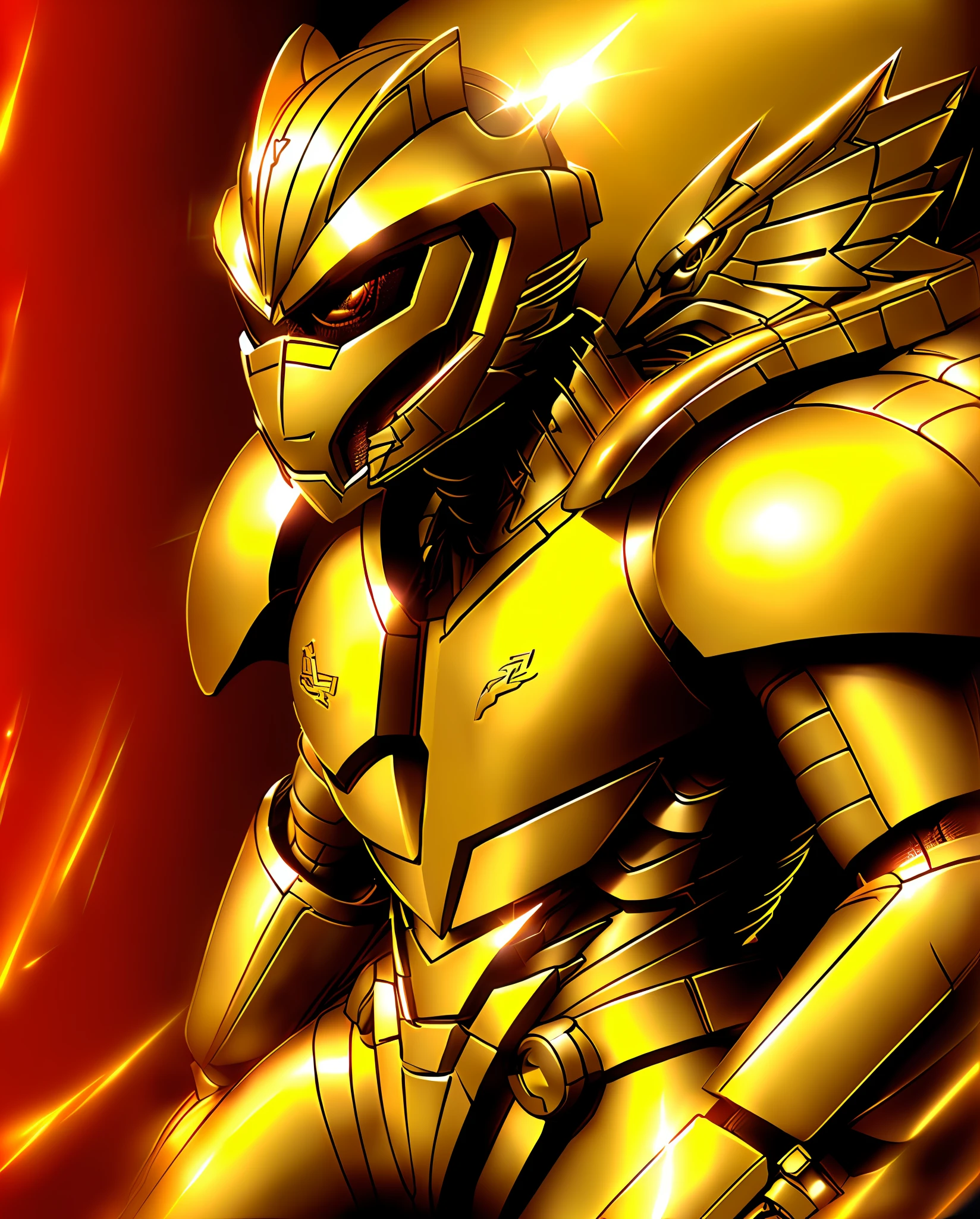 A closeup of a dinosaur.in a golden costume, Golden Power Ranger, Power Ranger, wearing golden battle armor, Hardened Armor, Using golden armor and helmet, Metallic golden armor, Tokusatsu, red skin!, Power Rangers