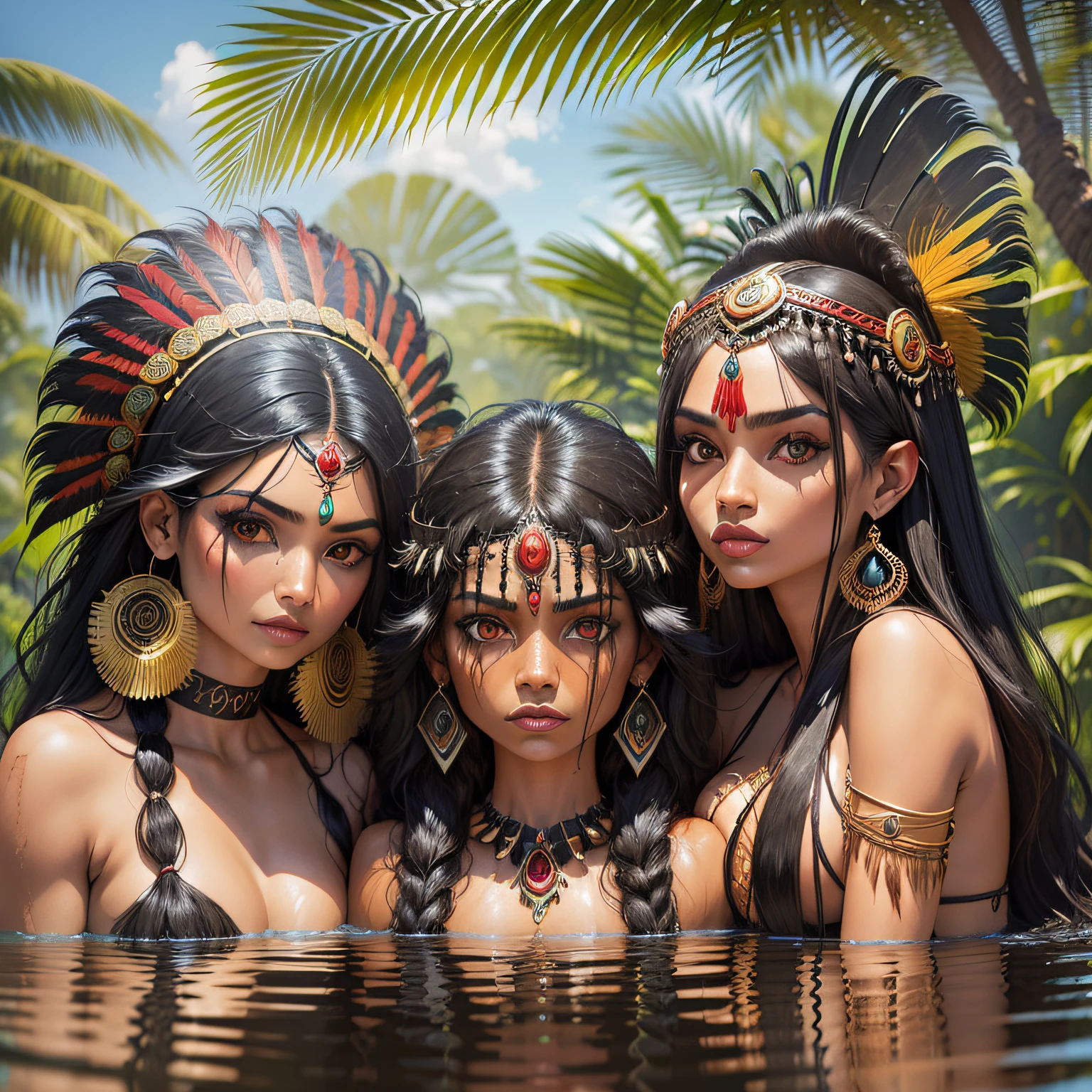 cabocla fringe of Amazonian India, tanned skin, extreme long black hair messes, bathing to the natural, huge macaw feather headdress, (Mara Maravilha:1.3), (Cinthia Vallentim:1.3), (Andressa Soares, Mulher Melancia:1.3)