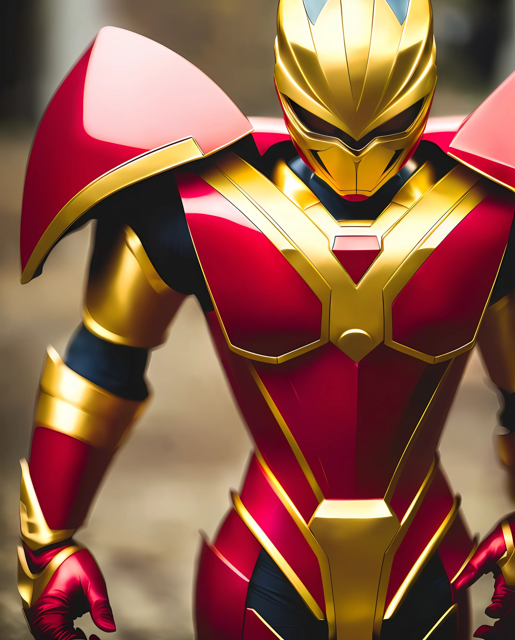 A closeup of a person in a gold and red costume, gold and red Power Ranger, Power Ranger, wearing gold and red battle armor, Hardened Armor, Using gold and red armor and helmet, Gold and metallic red armor, Tokusatsu, red skin!, Power Rangers