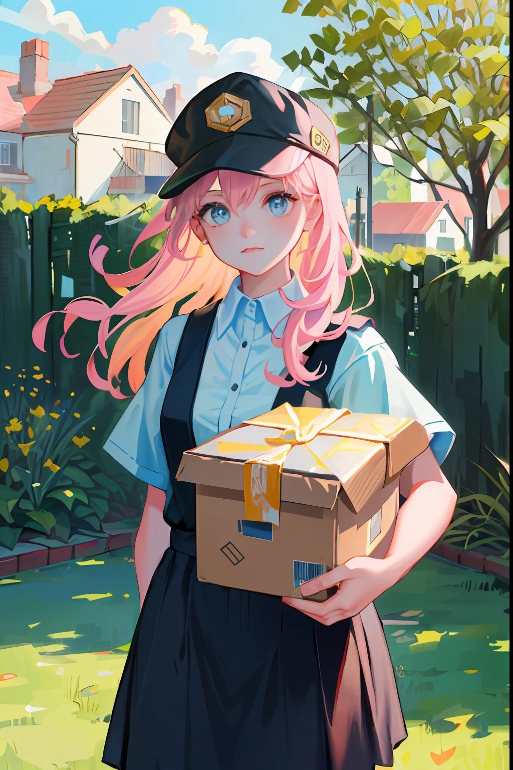 ((1girl, delivery girl, package, box in hand, wearing uniform, uniform hat, portrait)) courier, (detailed suburbs with houses background), houses with lawn, gardens and flowers,holding packages and boxes, bright lights, sunny, dramatic light, masterpiece, realistic, oil painting, detailed background, 4k, 8k, illustration, pink, perfect, cute face