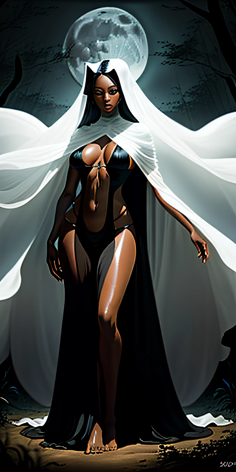 ((A beautiful black woman seen from afar, with her elongated slender body, covered by a transparent white cloak that runs down her body to the floor)), she has black dredlock hair, bright eye irises, barefoot, transparent white cape that runs down her body, her body and face is wet, thick and long legs, red mouth, bulky breasts down, posing for the camera, she is standing barefoot on the dirt floor in a dark and gloomy forest, (with the moon high in the sky on top of her head), bottom-up view, swamp, lots of fog in the background, photo with better quality, a masterpiece, sensuality and elegance, HD, photograph taken by Sony R7 camera with 50mm Full frame lenses, f1.2 aperture, film style