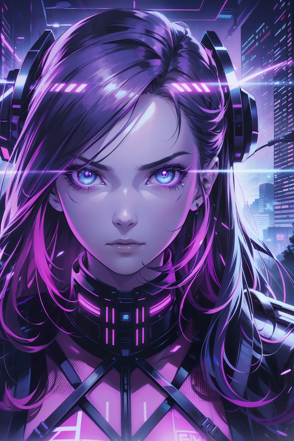 synthpunk, neonpunk, cyberpunk, ultra futuristic, otherworldly, supernatural, divine aura, wires, cables, beautiful long hair, detailed eyes, beautiful bright cosmic glowing eyes, hyperdetailed face, complex, symmetrical face, sharp focus, perfect, model, close-up, textured, chiaroscuro, professional make-up, realistic, rough, gritty, dominating, figure in frame,( movie poster, Japanese text)