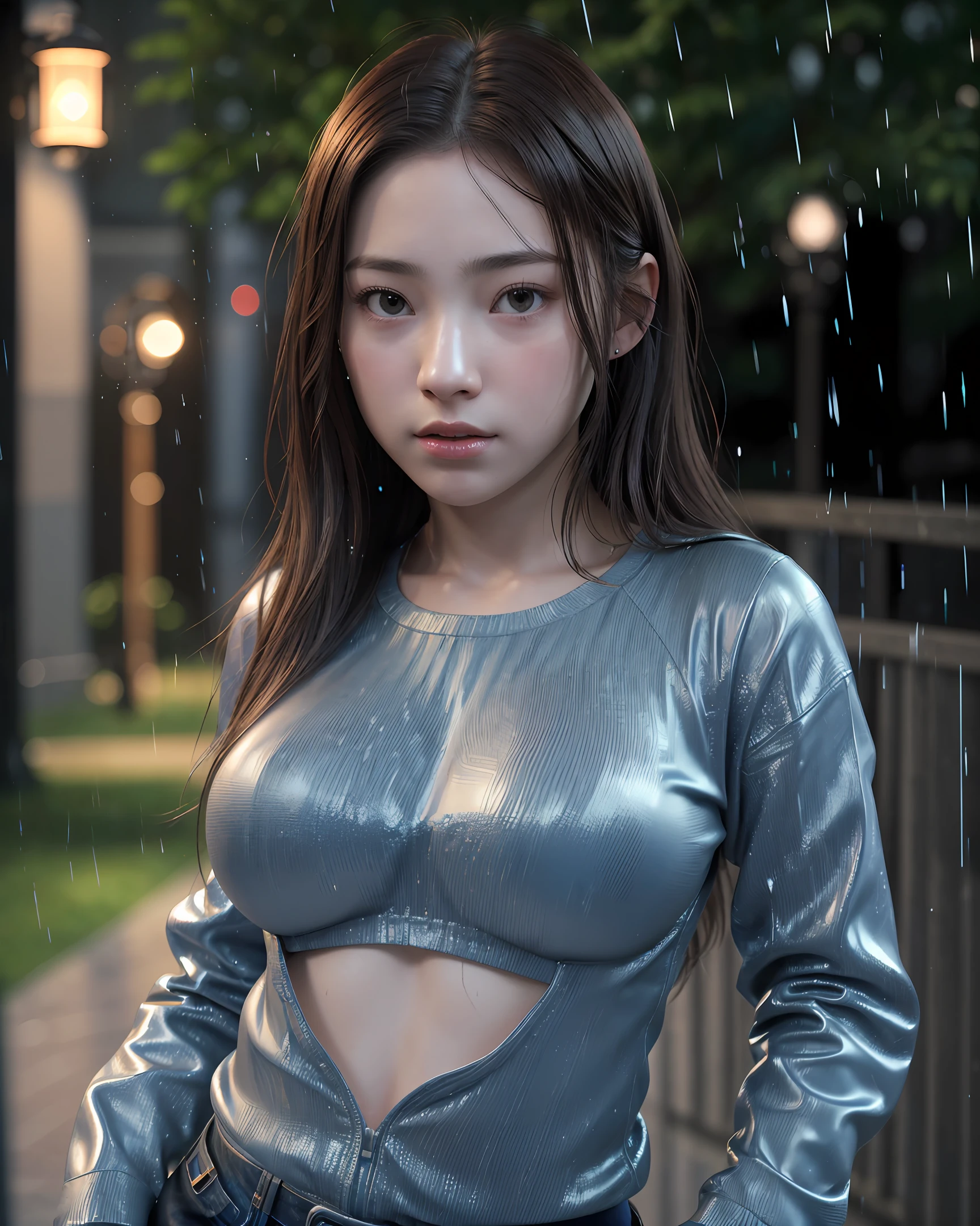 1girl, 18 years old, mix4, (8k, RAW photo, best quality, masterpiece:1.2), (realistic, photorealistic:1.37), cute, night, rain, humid, professional lighting, photon mapping, radiosity, physically based rendering, ultra resolution, (big breasts:1.2)