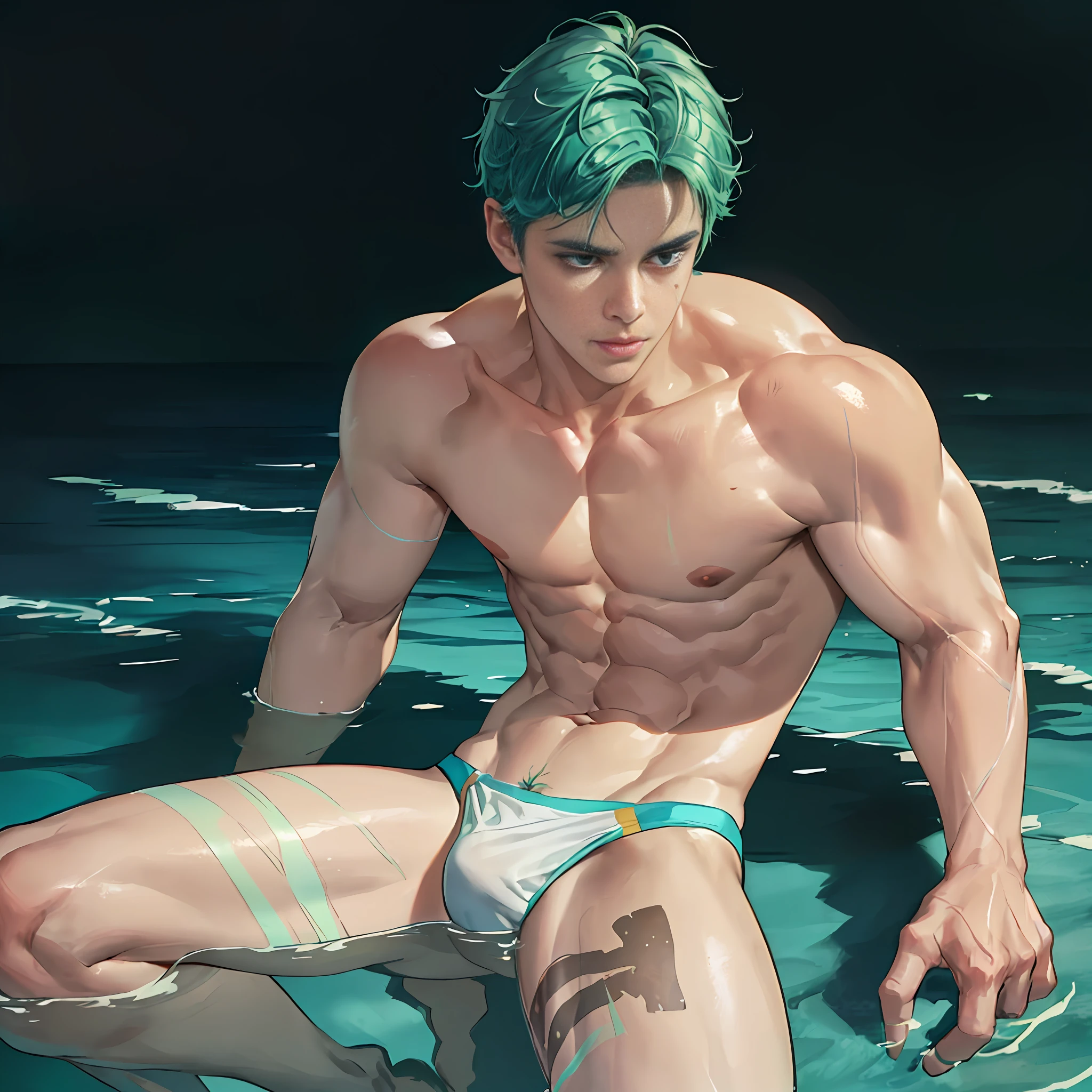 1boy, ((bara:1.5)), sport body, sexy, spread legs, detailed face, detailed hands, detailed legs, detailed fingers, detailed hair, detailed eyes, detailed skin, dynamic lighting, (detailed lighting:1.2), (detailed textures:1.3), (realistic lighting:1.2), realistic shadows, realistic skin, (photorealistic:1.4), 8k uhd, (hyper realistic), (photo realistic), (masterpiece), (best quality), body paint, small tiny g-string, bare chest, flat chest, bare shoulders, small bulge, underwater, wide angle, swimming, athletic body, male, iridescent skin, perfect eyes, messy green hair , bio-luminescent