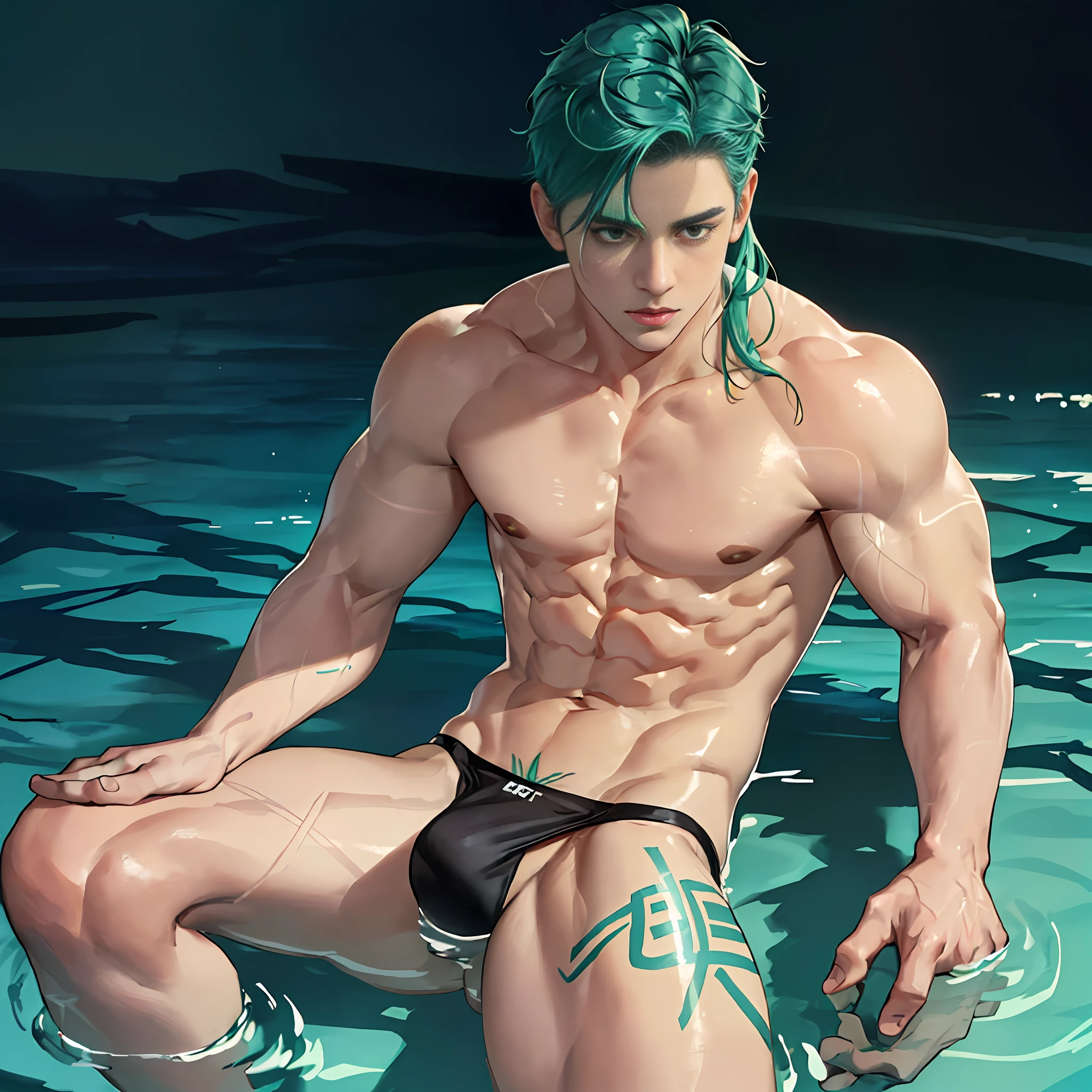 1boy, ((bara:1.5)), sport body, sexy, spread legs, detailed face, detailed hands, detailed legs, detailed fingers, detailed hair, detailed eyes, detailed skin, dynamic lighting, (detailed lighting:1.2), (detailed textures:1.3), (realistic lighting:1.2), realistic shadows, realistic skin, (photorealistic:1.4), 8k uhd, (hyper realistic), (photo realistic), (masterpiece), (best quality), body paint, small tiny g-string, bare chest, flat chest, bare shoulders, small bulge, underwater, wide angle, swimming, athletic body, male, iridescent skin, perfect eyes, messy green hair , bio-luminescent
