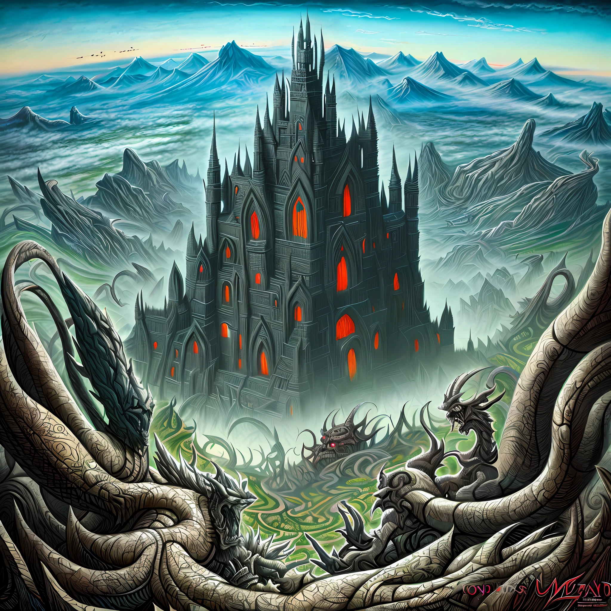 Evil monuments and evil totems, a valley of monstrosity. Horror art, hyperdetailed, illustration, digital painting, color drawing, intricate details, overdetailed.
