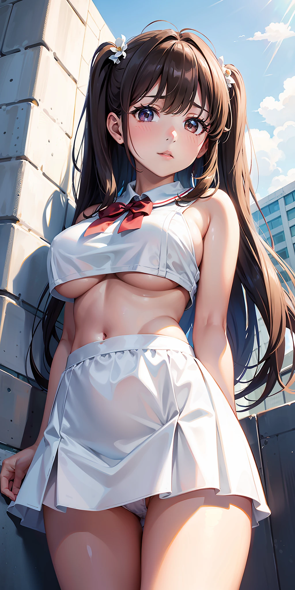 mai sakurajima in "Rascal Does Not Dream of Bunny Girl Senpai", brown hair, white sailor dress, brown eyes, hands on chest,see-through, looking at viewer, hair ornament, shy, (masterpiece, top quality, best quality, official art, beautiful and aesthetic:1.2), (1 girl), extreme detailed, colorful, highest detailed, (large breasts), upper body, from below, cameltoe, white panties, skirt lift, underboob, city street, sun, cloud, wall, leaning,
