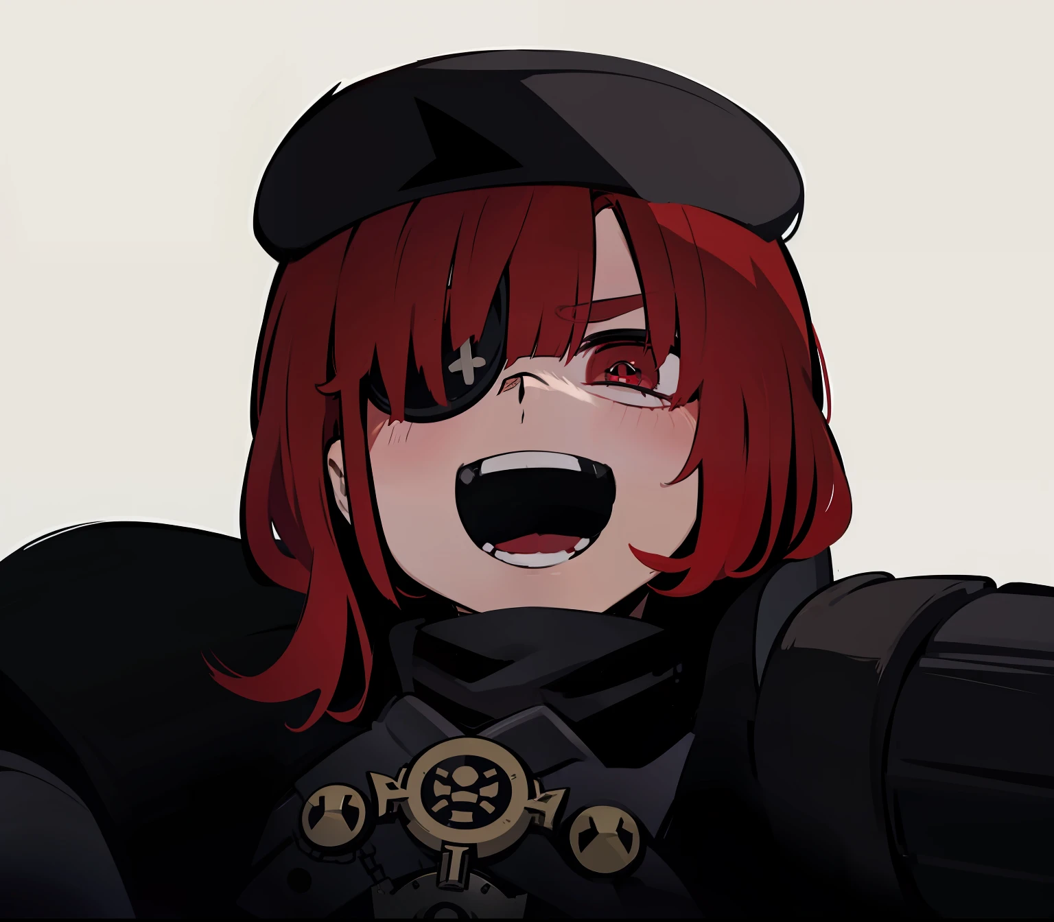 red hair, black beret, eyepatch, smile, armor, hd, highres