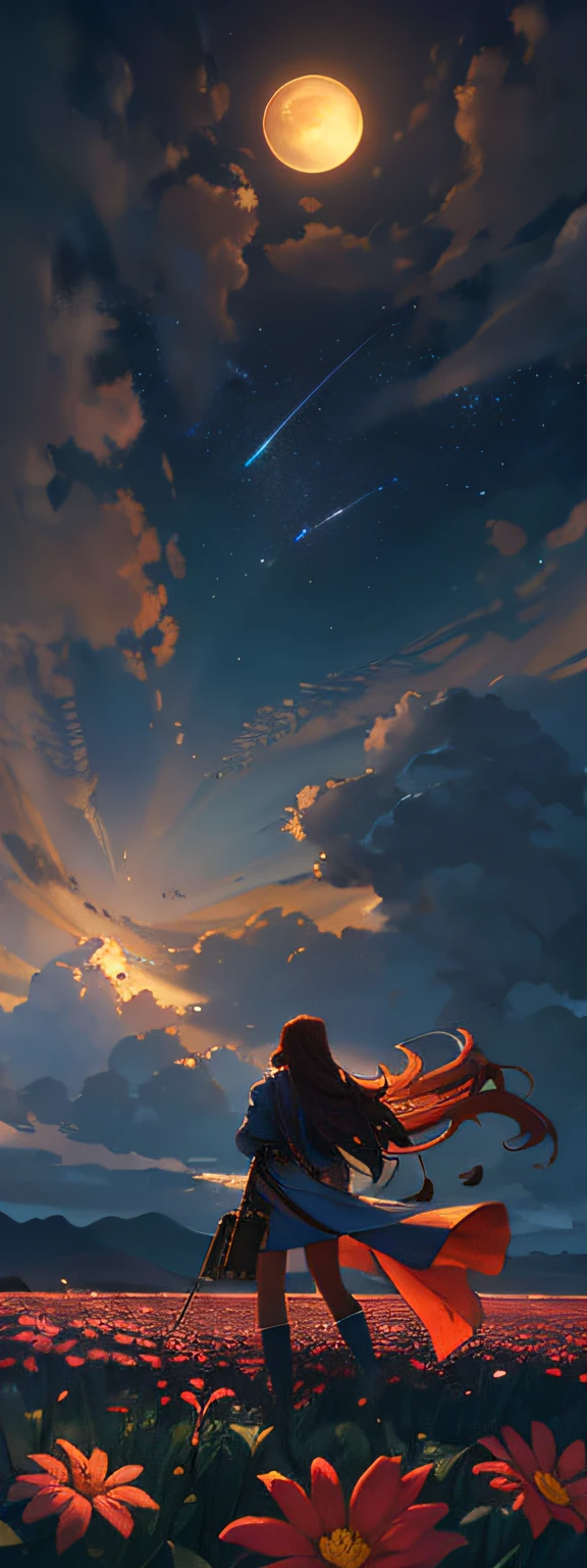 expansive landscape photography, (a view from below that shows the sky above and the open field below), a young adult standing in a field of flowers looking up, free of clothes, sexy, adult, strategic censorship (full moon: 1.2), (shooting stars: 0.9), (nebula: 1.3), distant mountain, tree production art BREAK, (hot light source: 1.2), (Firefly: 1.2), lamp, very purple and orange, complex details, volumetric lighting, realism BREAK (masterpiece: 1.2), (best quality), 4k, ultra-detailed, (dynamic composition: 1.4), highly detailed, colorful details, (incandescent colors: 1.2), (bright lighting, atmospheric lighting), dreamy, magical, (solo: 1.2)