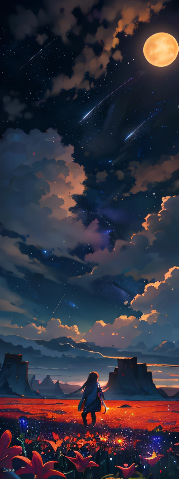 expansive landscape photography, (a view from below showing the sky above and the open field below), a young adult standing in a field of flowers looking up, free of clothing, (full moon: 1.2), (shooting stars: 0.9), (nebula: 1.3), distant mountain, tree BREAK production art, (hot light source: 1.2), (Firefly: 1.2), lamp, very purple and orange, complex details, volumetric lighting, realism BREAK (masterpiece: 1.2), (best quality), 4k, ultra-detailed, (dynamic composition: 1.4), highly detailed, colorful details, (incandescent colors: 1.2), (bright lighting, atmospheric lighting), dreamy, magical, (solo: 1.2)