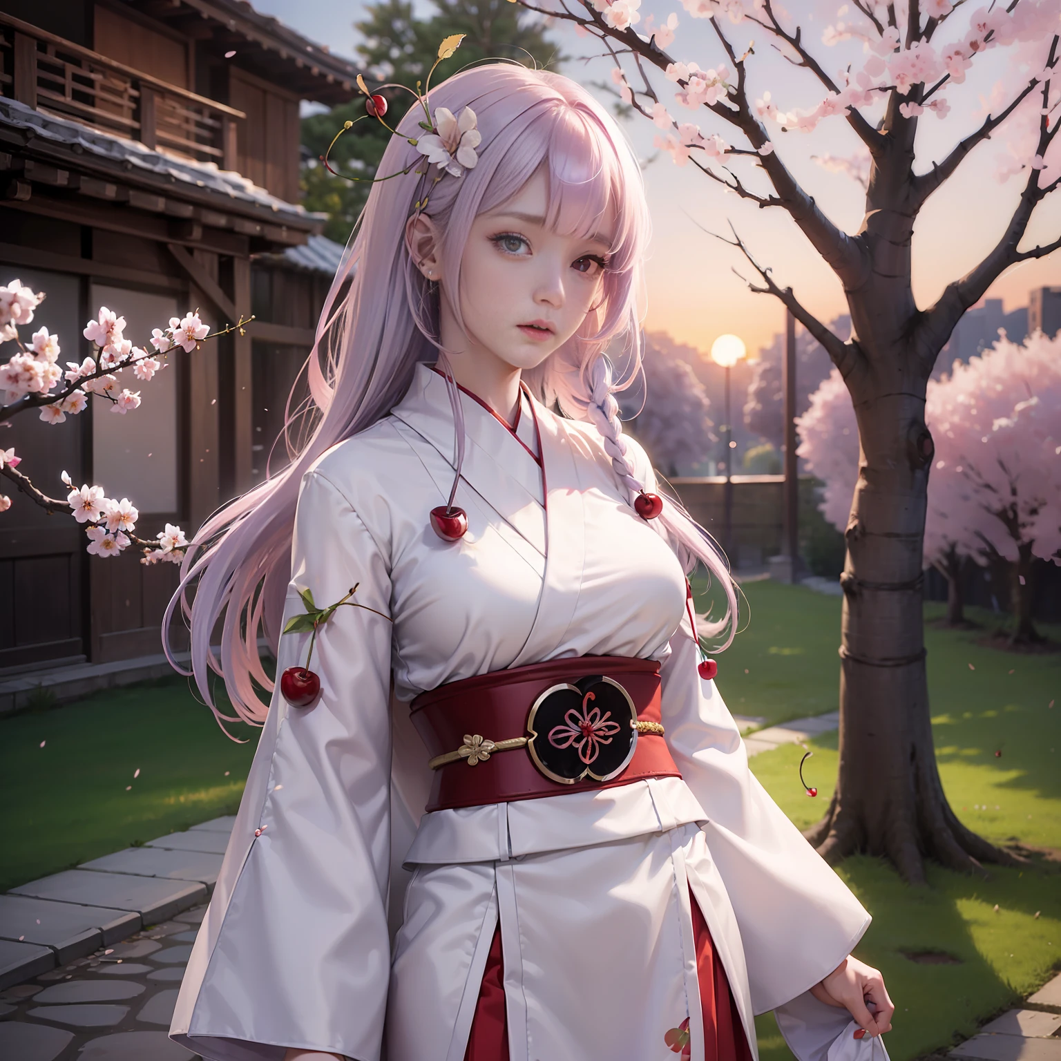 RaidenShogun, detailed clothes, white clothes, blunt bangs, braid, (medium breasts:1.4), neckline, wide-sleeved kimono, hair ornament, white Japanese clothes, (red obi:1.4), (light purple hair:1.4), very long hair, straight hair, detailed face, fresh face, (smooth chin:0.85), looking at the viewer, beautiful eyes, detailed eyes, skirt, (sunset:1.4), sideways,  (cherry tree:1.5), photon mapping, physics-based rendering, RAW photo, highly detailed background, (realistic photo: 1.35), high res, perspective, front to front, (ulzzang-6500:0.4)