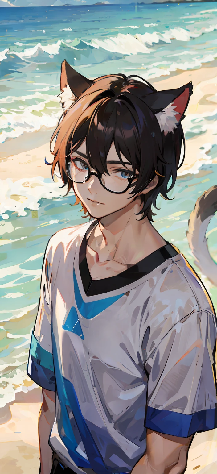 (4k) sunny beach background, beautiful, man with cat ears, glasses, wearing a songkran shirt, detailed eyes