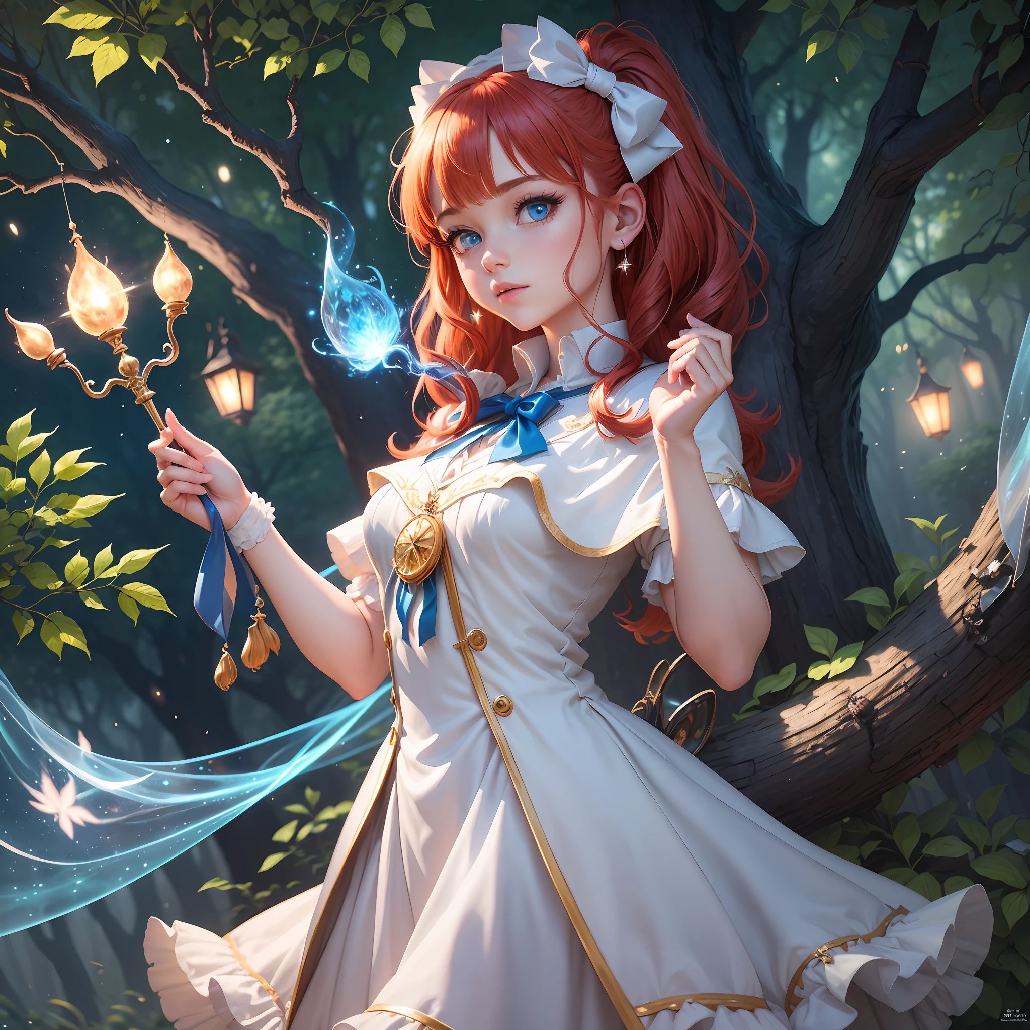 "({{best quality}} {{masterpiece}}) magical treehouse with magic emanating from the little house and tree at night, the sky full of stars. {{Dynamic pose}} of a {girl} holding her magic wand, with {{red hair}} {{white dress}} and {{blue eyes}}, the scene captured in {{ultra-detailed}} {{CG unity}} 8K {{wallpaper}}. The dazzling lighting enhances {{best shadow}} the leaves and the magical lights, creating an extremely delicate and beautiful environment, as if magic could leave the screen. {{Fantasy}} {{watercolor}}" --auto --s2