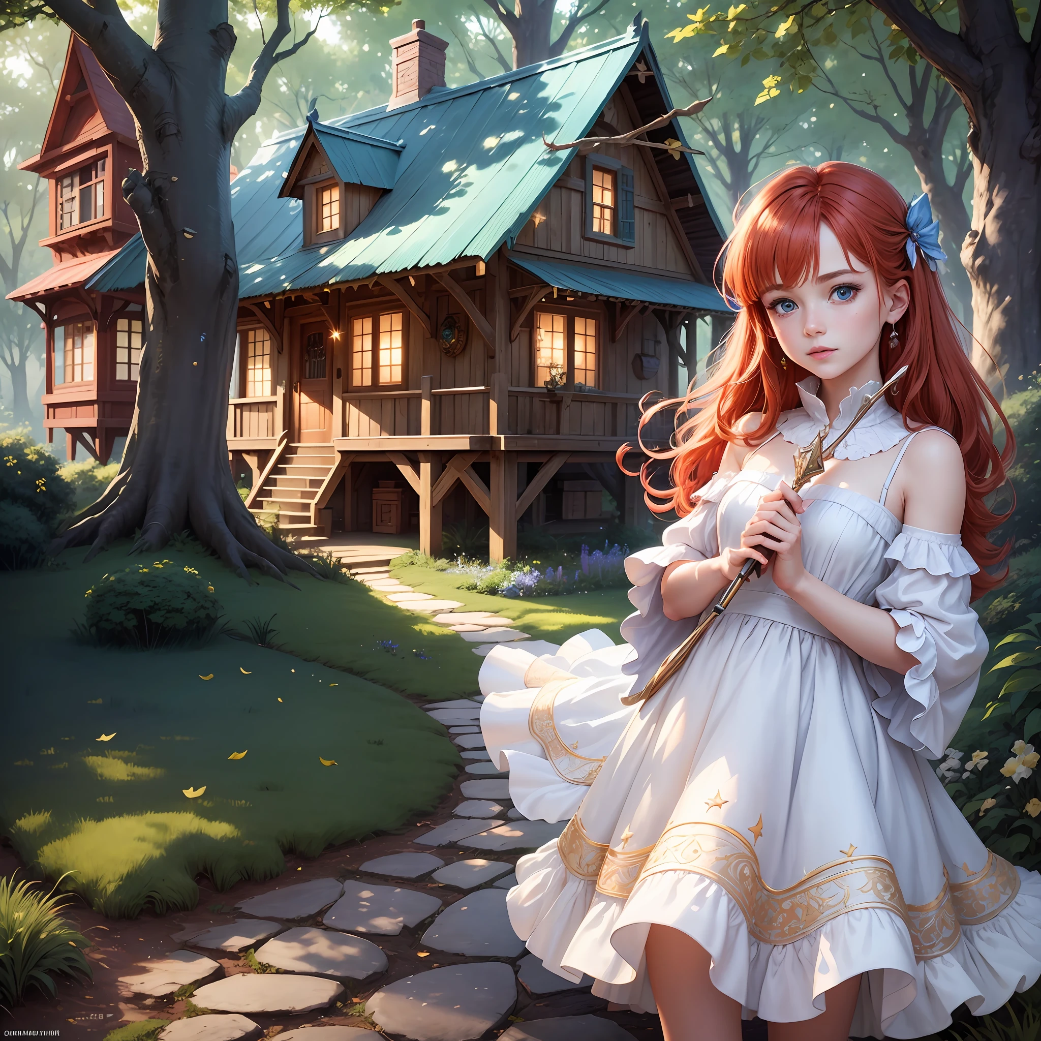 "({{best quality}} {{masterpiece}}) magical treehouse with magic emanating from the little house and tree at night, the sky full of stars. {{Dynamic pose}} of a {girl} holding her magic wand, with {{red hair}} {{white dress}} and {{blue eyes}}, the scene captured in {{ultra-detailed}} {{CG unity}} 8K {{wallpaper}}. The dazzling lighting enhances {{best shadow}} the leaves and the magical lights, creating an extremely delicate and beautiful environment, as if magic could leave the screen. {{Fantasy}} {{watercolor}}" --auto --s2
