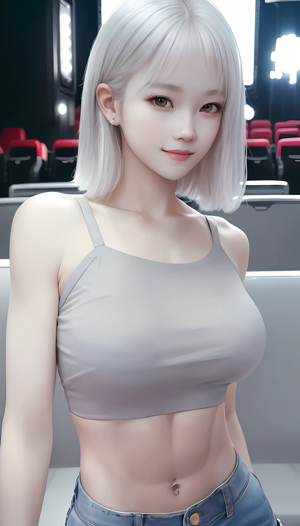 1 girl, (depth of field: 1.4), (pov: 1.2), (looking lens: 1.4), (symmetry: 1.2), (upper body: 1.4), (close-up: 1.4), 24 years old, (cinema: 1.4), (pale skin), (aegyo sal: 1.2), (Kpop idol), (black hair),, (fake smile: 1.2), (youth top, shorts: 1.2), (abs: 1.4),