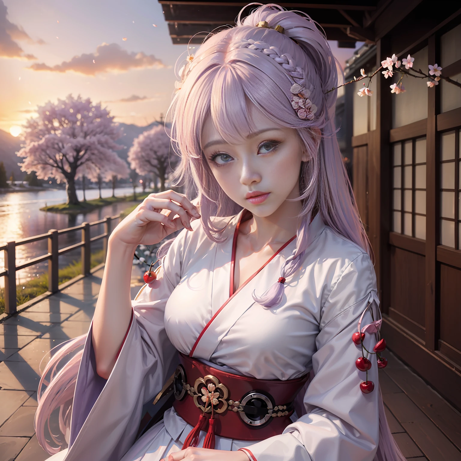 RaidenShogun, detailed clothes, white clothes, blunt bangs, braid, (medium breasts:1.4), neckline, wide-sleeved kimono, hair ornament, white Japanese clothes, (red obi:1.4), (light purple hair:1.4), very long hair, straight hair, detailed face, fresh face, (smooth chin:0.85), looking at the viewer, beautiful eyes, detailed eyes, skirt, (sunset:1.4), sideways, (cherry tree:1.5), photon mapping, physics-based rendering, RAW photo, highly detailed background, (realistic photo: 1.35), high res, perspective, front to front, (ulzzang-6500:0.4)