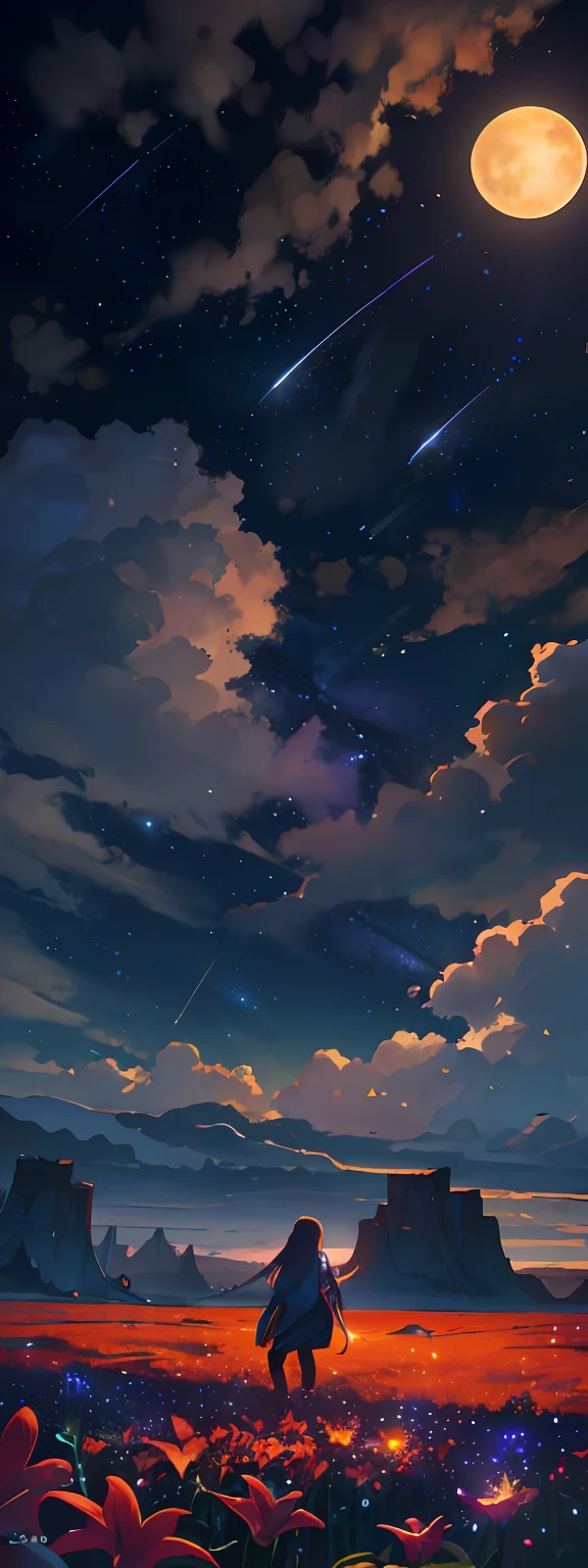expansive landscape photography, (a view from below that shows the sky above and the open field below), a young adult standing in a field of spider lilies looking up, free of clothes, several fireflies shining (full moon: 1.2), (shooting stars: 0.9), (nebula: 1.3), distant mountain, tree BREAK production art, (hot light source: 1.2), (Firefly: 1.2), lamp, very purple and orange, complex details, volumetric lighting, realism BREAK (masterpiece: 1.2), (best quality), 4k, ultra-detailed, (dynamic composition: 1.4), highly detailed, colorful details, (incandescent colors: 1.2), (bright lighting, atmospheric lighting), dreamy, magical, (solo: 1.2)