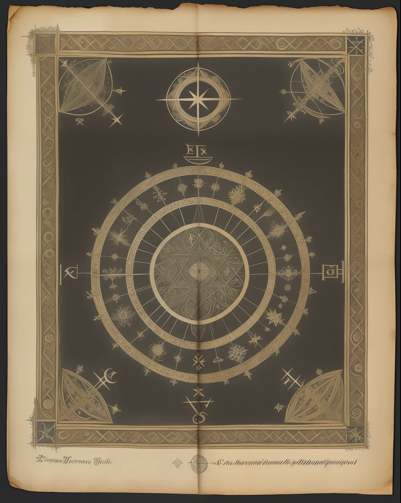 the front cover of an old medieval German codex, black and silver and gold parchment, tetraktys symbols, view from above, centered, extremely high details, scruffy:1.5, rough:1.5, stained:1.5, natural colors muted:1.0
