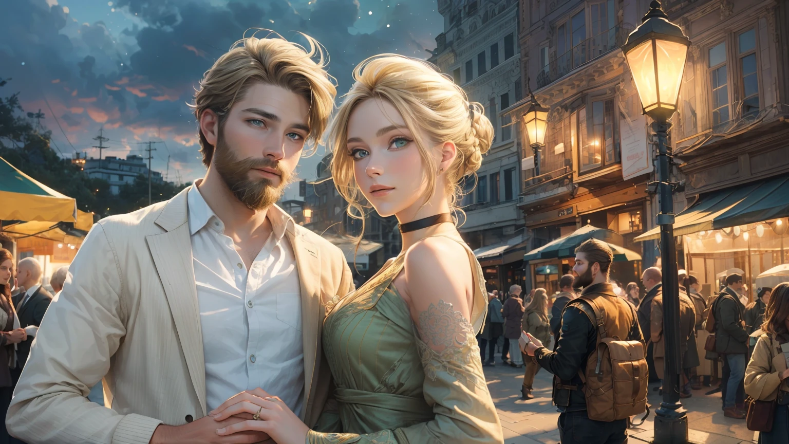 (1 blonde girl with green eyes), (1 adult brunet man with beard), (male and female), (masterpiece:1.2, best quality), girl with a bun, happy couple, (correct anatomy), a high resolution, (beautiful detailed faces), (detailed beautiful eyes: 1.2), ((anatomically correct hands)), (detailed 8k wallpaper, masterpiece, best quality, best shadow), ( detailed background), (depth of field, bokeh:1.2), (best illumination, an extremely delicate and beautiful), semi-realistic, evening dramatic lighting, sunset sky, in the background festival