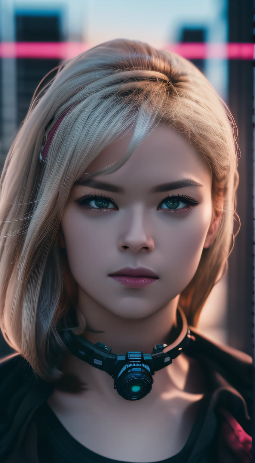 Dystopian, High Detail RAW color Photo, Full Shot, (female), standing on an overlook, looking out at sprawling cyberpunk city skyline, perfect face, (highly detailed, fine details, intricate), (lens flare:0. 5), (bloom:0. 5), raytracing, specular lighting, shallow depth of field, 200mm lens, hard focus, smooth, cinematic film still