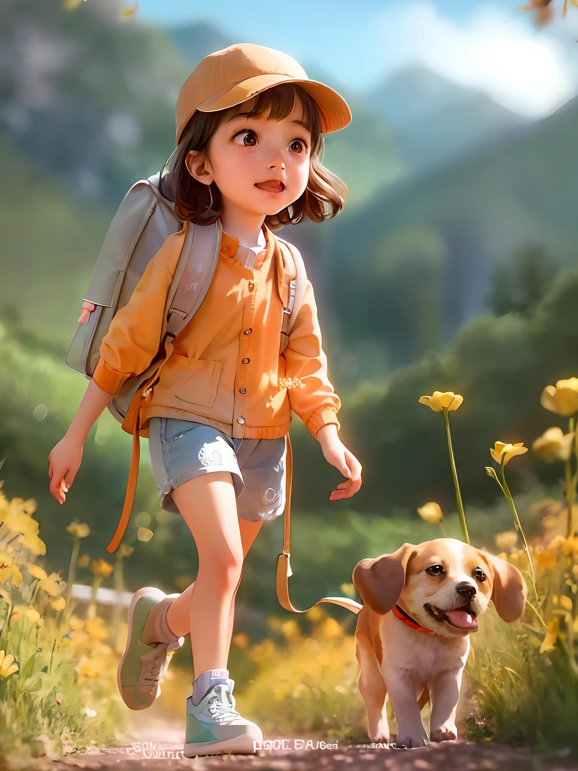 Prompt: An incredibly charming  girl carrying a backpack, accompanied by her adorable puppy, enjoying a lovely spring outing surrounded by beautiful yellow flowers and natural scenery. The illustration is in high definition at 4k resolution, with highly-detailed facial features and cartoon-style visuals.