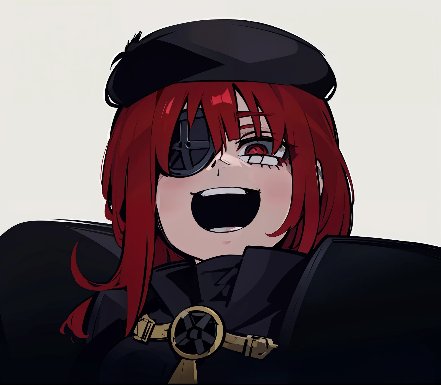 red hair, black beret, eyepatch, smile, armor, hd, highres
