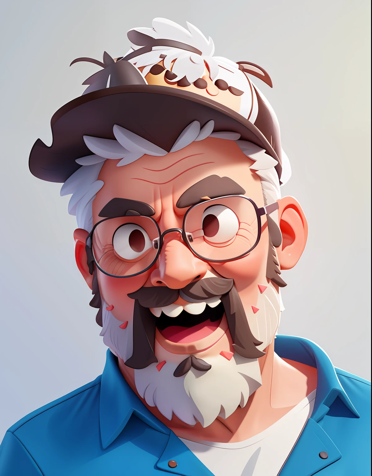 (a happy grandpa :1.2), no hair, no background, cartoon, with white beard, looking at the camera, close-up, cartoons, detailed face, asymmetrical