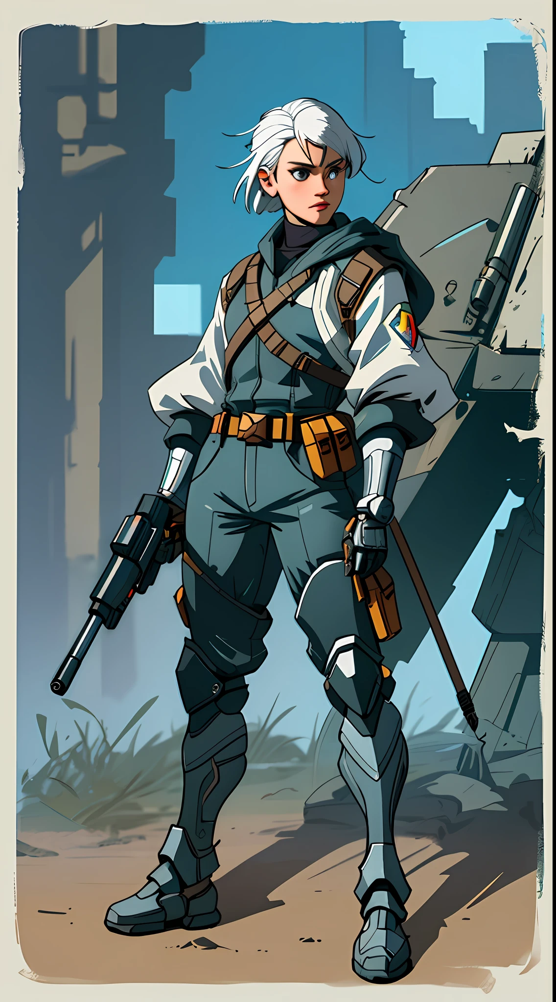 Close-up of a robot with a pistol and a weapon, concept art by a senior environmental artist, winner of the CGolite competition, Digital art, Metal Gear Solid concept art, Full Body concept art, Expert concept art with high detail, Concept art such as Ernest Halimov, FPS game concept art, Concept art, Craig Mullins style, Video game concept art, 8 thousand character concept art, Keirs, dwarves with white hair, in a "scout" exoskeleton made of technological materials, there are gadgets on her armor: a rangefinder, a pocket computer and a laser pistol, in her belt there are pockets for tools and gadgets, Keira is able to quickly repair her exoskeleton and other devices, she is an excellent shooter and has powerful claws on her hands, in the image Keir must be in a fighting pose, with a laser pistol in her hands, and her exoskeleton is painted silver and has rocket engines on her shoulders, Various gadgets and tools should be visible in the background