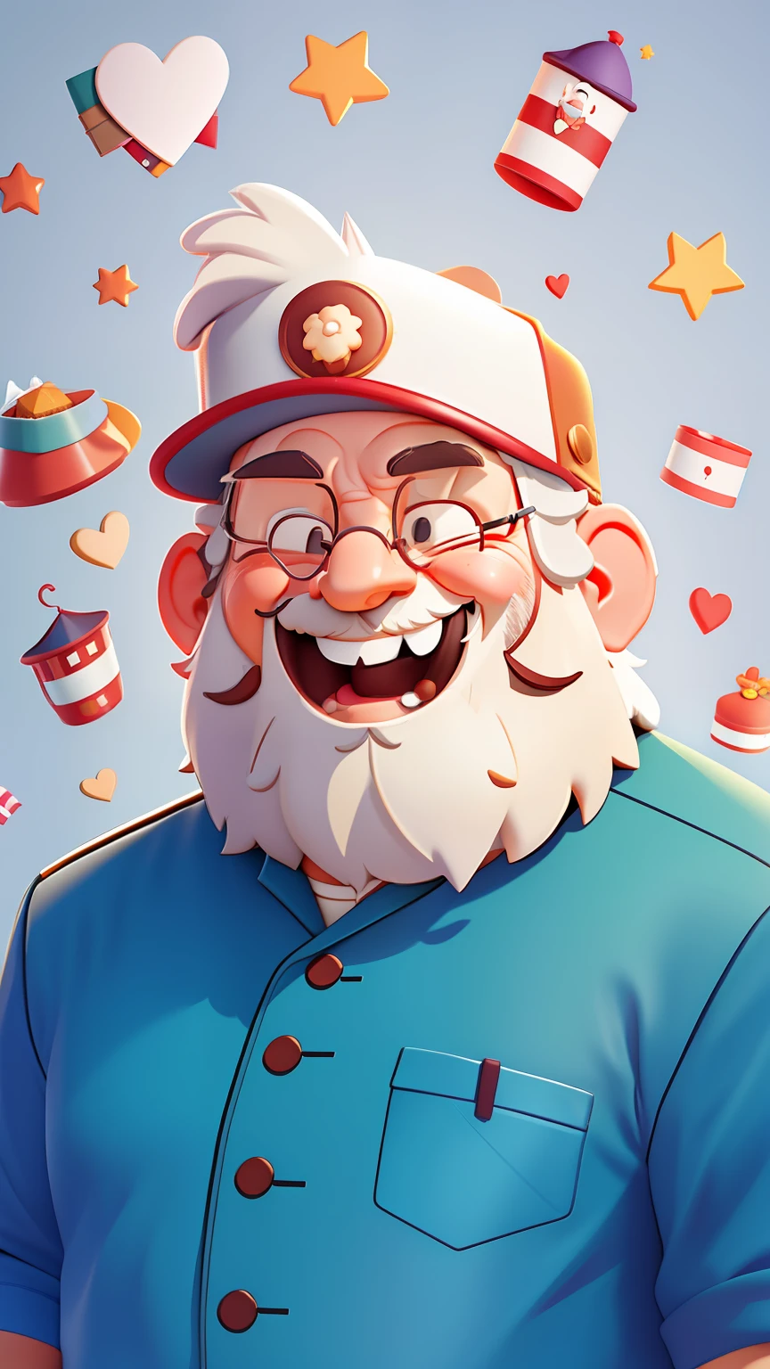 (a happy grandpa :1.2), with cap, no background, cartoon, with white beard, looking at the camera, close-up, cartoons, detailed face, asymmetrical