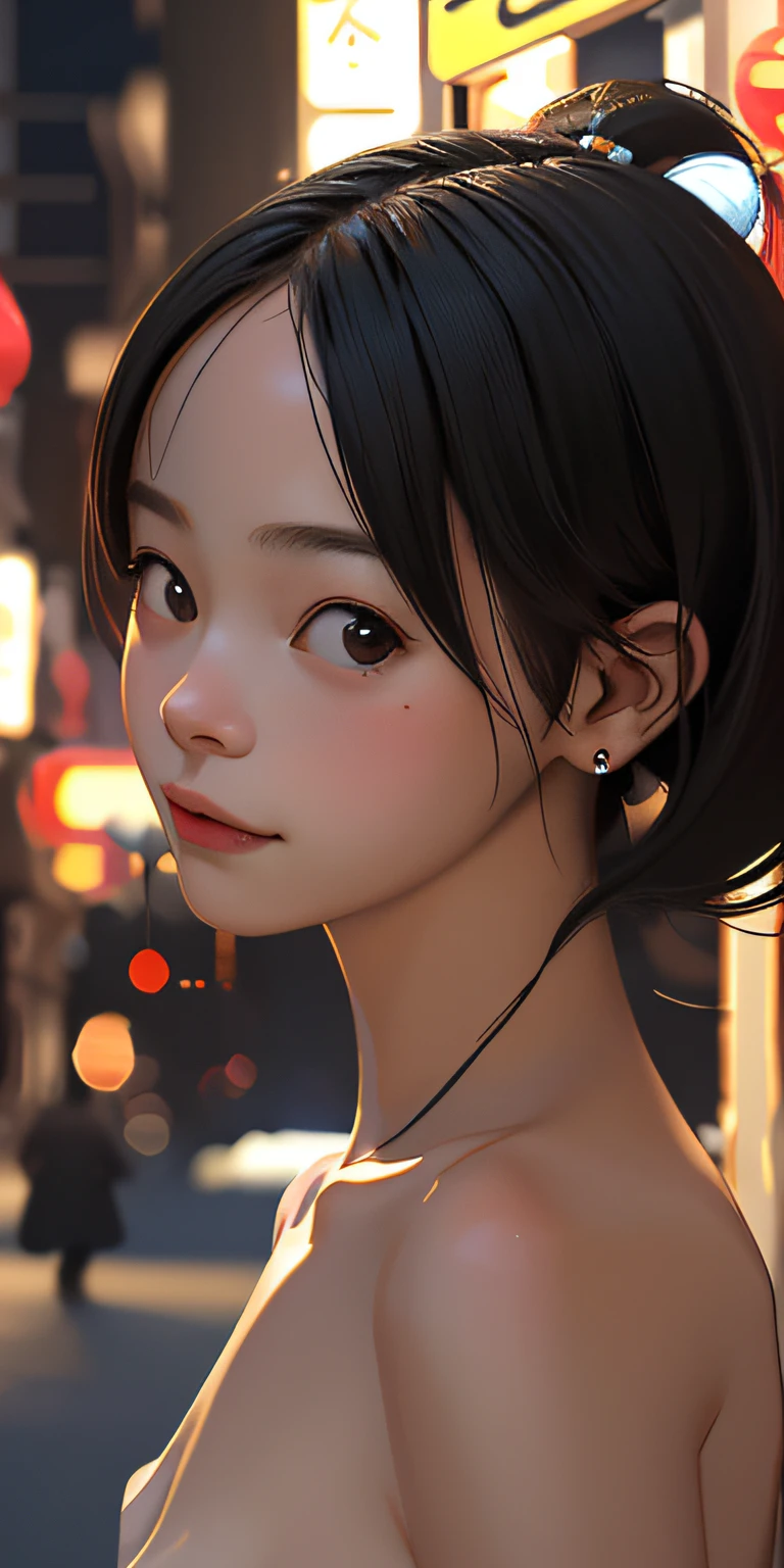 "(masterpiece, first-class quality), nude, expressive portrait of the protagonist, evening night, Chinatown, happy, small earrings on her ears, senben hairstyle, blurred background, shining eyes looking at the viewer."