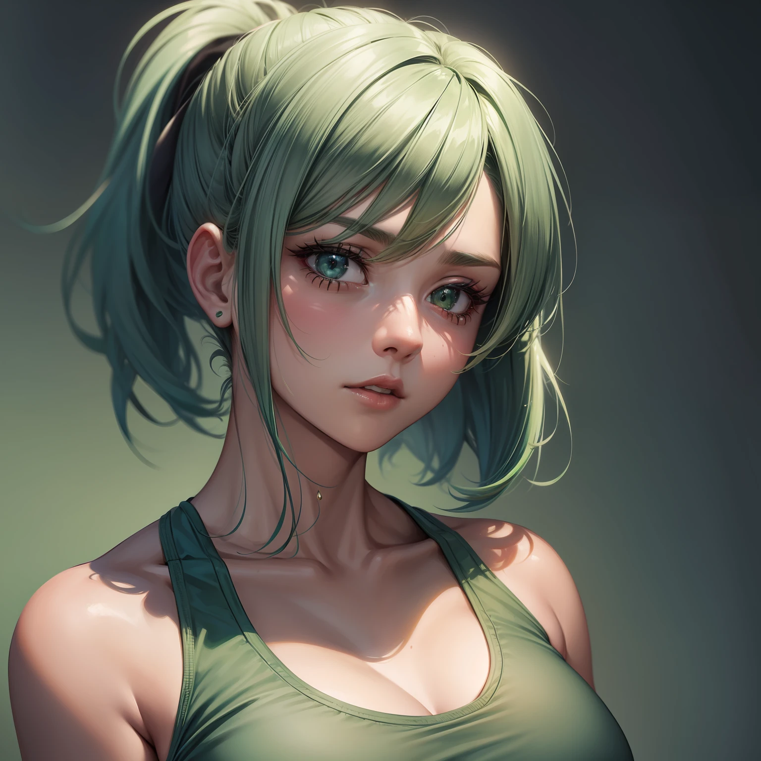 1girl, green hair, slender, small breasts, ((sports bra, face portrait)), masterpiece, high resolution, high quality, 8k, artstation, best quality, gym, sunny