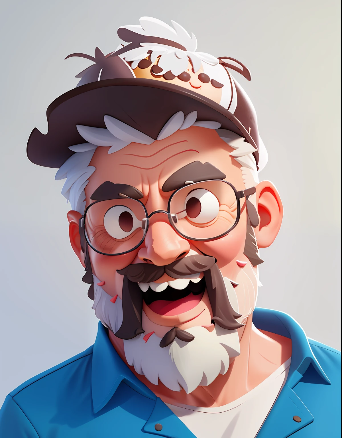 (a happy grandpa :1.2), no hair, no background, cartoon, with white beard, looking at the camera, close-up, cartoons, detailed face, asymmetrical