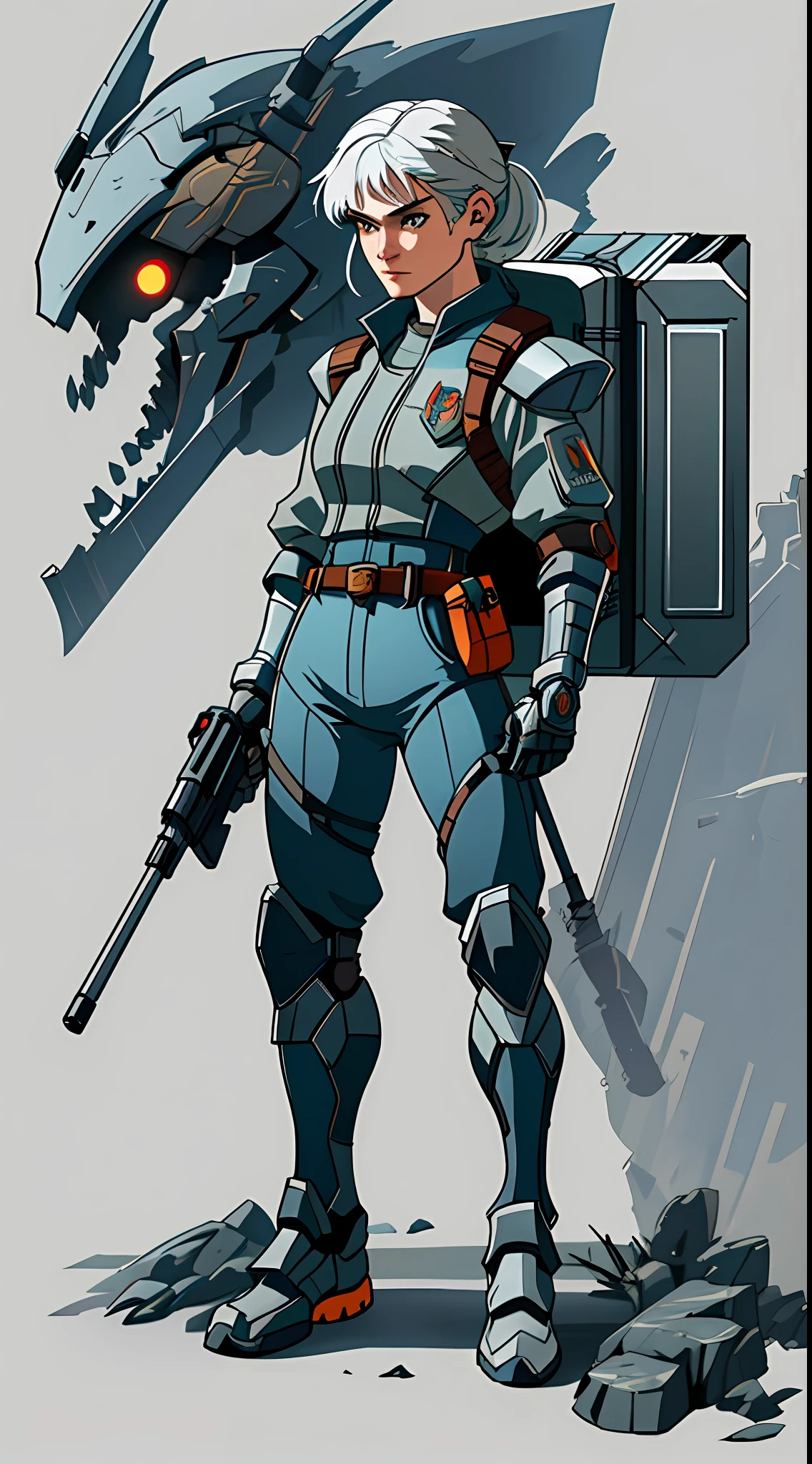 Close-up of a robot with a pistol and a weapon, concept art by a senior environmental artist, winner of the CGolite competition, Digital art, Metal Gear Solid concept art, Full Body concept art, Expert concept art with high detail, Concept art such as Ernest Halimov, FPS game concept art, Concept art, Craig Mullins style, Video game concept art, 8 thousand character concept art, Keirs, dwarves with white hair, in a "scout" exoskeleton made of technological materials, there are gadgets on her armor: a rangefinder, a pocket computer and a laser pistol, in her belt there are pockets for tools and gadgets, Keira is able to quickly repair her exoskeleton and other devices, she is an excellent shooter and has powerful claws on her hands, in the image Keir must be in a fighting pose, with a laser pistol in her hands, and her exoskeleton is painted silver and has rocket engines on her shoulders, Various gadgets and tools should be visible in the background