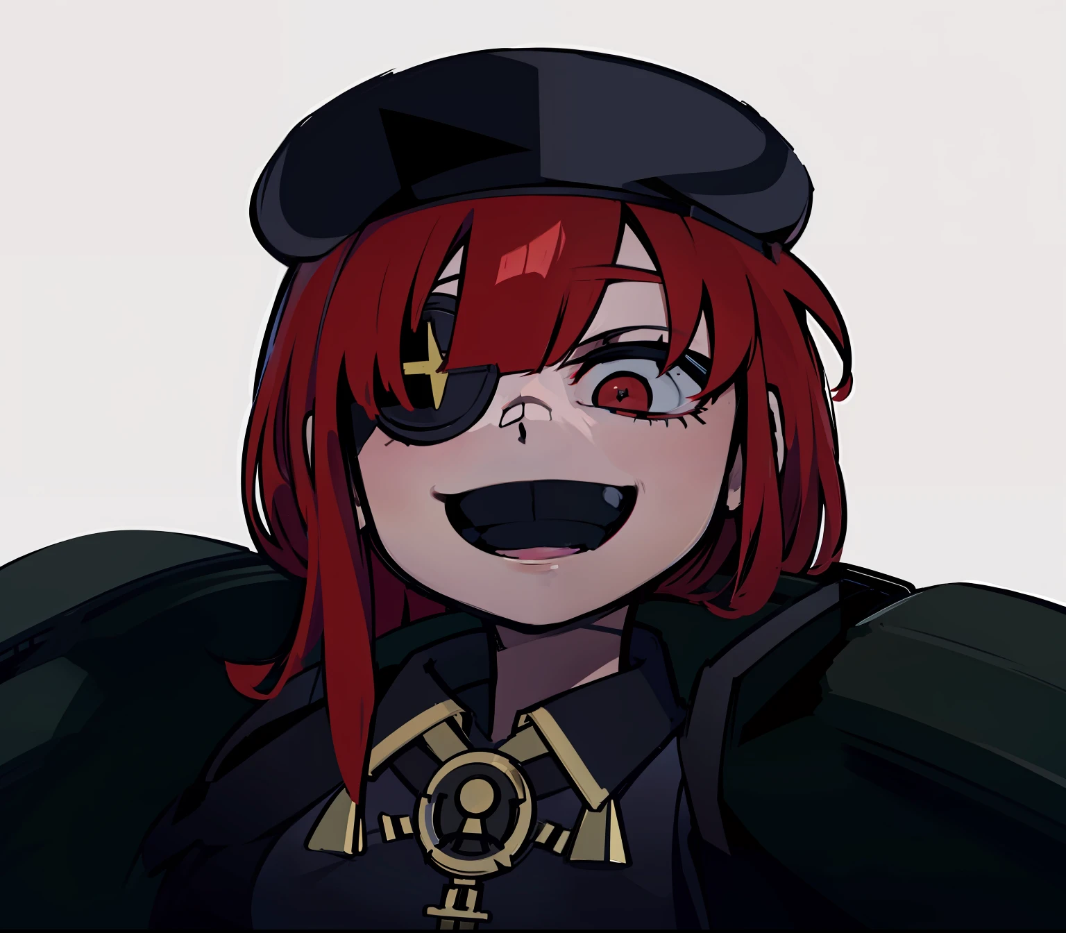 red hair, black beret, eyepatch, smile, armor, hd, highres