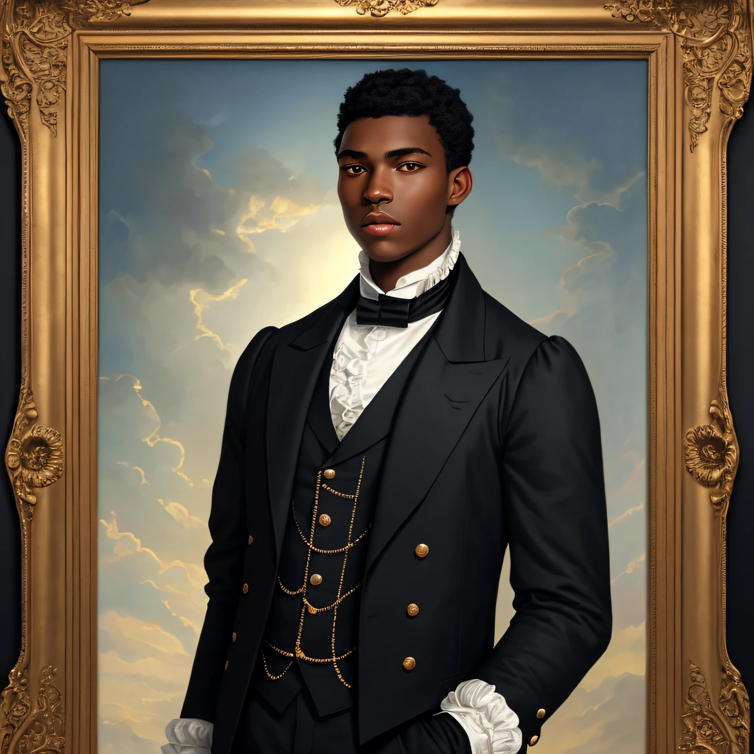 masterpiece stunning masculine strong black man about 18 years old, wearing british regency man outfit, short black hair, expressive big black eyes, louis allen III, looking up, (sunny regency london background), full body, cover, hyperdetailed painting, luminism, Bar lighting, complex, 4k resolution: a stunning realistic photograph 30 years