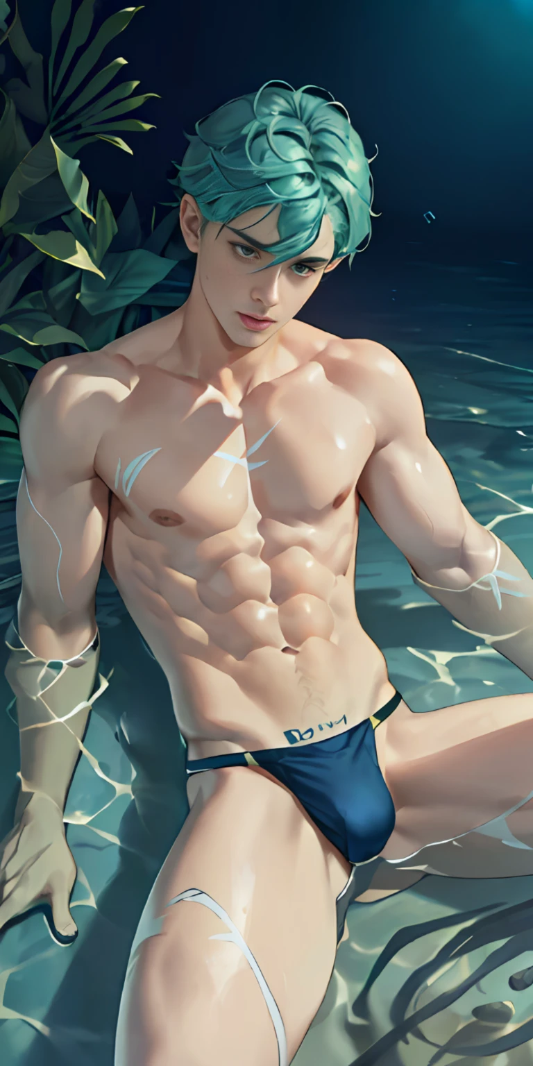 1boy, ((bara:1.5)), sport body, sexy, spread legs, detailed face, detailed hands, detailed legs, detailed fingers, detailed hair, detailed eyes, detailed skin, dynamic lighting, (detailed lighting:1.2), (detailed textures:1.3), (realistic lighting:1.2), realistic shadows, realistic skin, (photorealistic:1.4), 8k uhd, (hyper realistic), (photo realistic), (masterpiece), (best quality), body paint, small tiny g-string, bare chest, flat chest, bare shoulders, small bulge, underwater, wide angle, swimming, athletic body, male, iridescent skin, perfect eyes, messy green hair , bio-luminescent