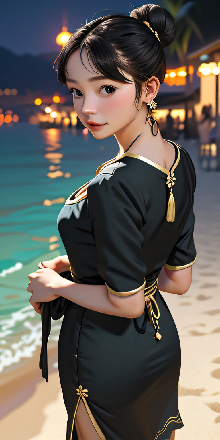 (best quality, masterpiece), 1girl, happy, oriental dress, cleavage, standing, sticking out butt, looking at the viewer, blurred background, earrings, hair bun, night, beach, sea