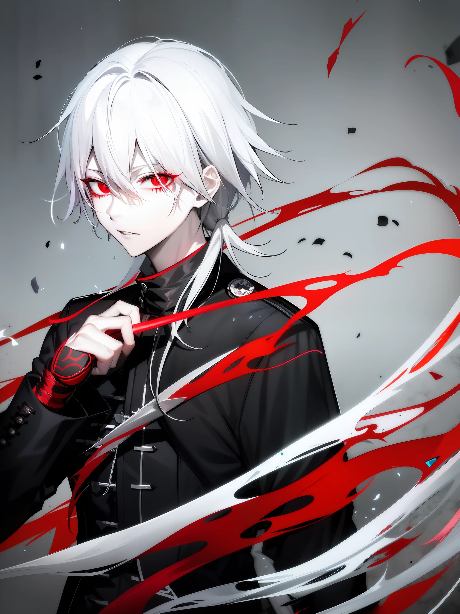 anime character with white hair and red eyes holding a knife, nagito komaeda, kaneki ken, gapmoe yandere grimdark, white haired, portrait gapmoe yandere grimdark, with red glowing eyes, a silver haired mad, his eyes are bleeding intense, hajime yatate, white-haired, ken kaneki, zerochan art