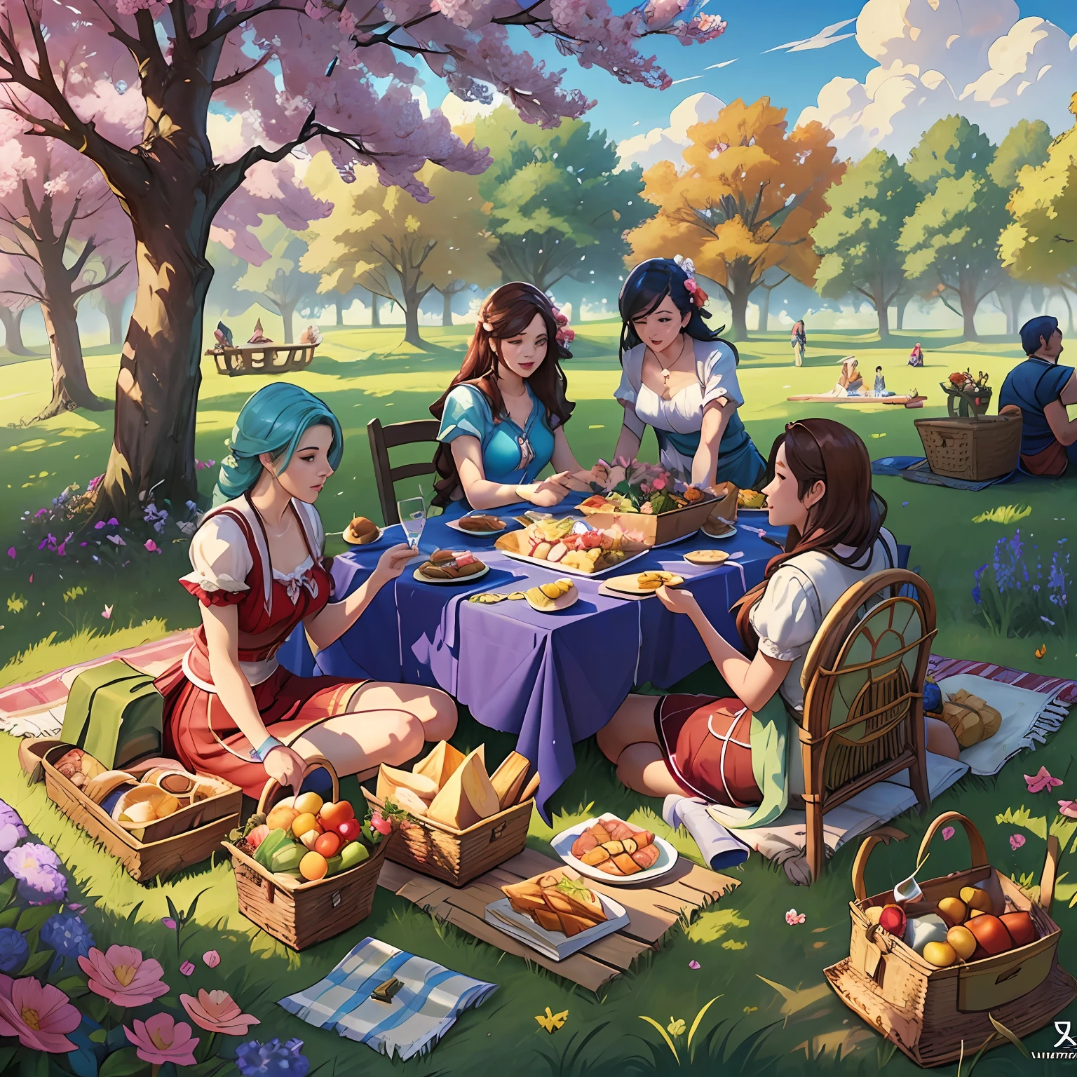 (masterpiece), best quality, impeccable illustration, scene depicting a picnic with League of Legends characters, ultra precise details, dynamic composition, vibrant colors, enhanced luminosity and shadows, elements such as food, picnic towel and detailed accessories, countryside environment with flowers, trees and grass, pleasant weather with sun and white clouds in the sky. --auto --s2