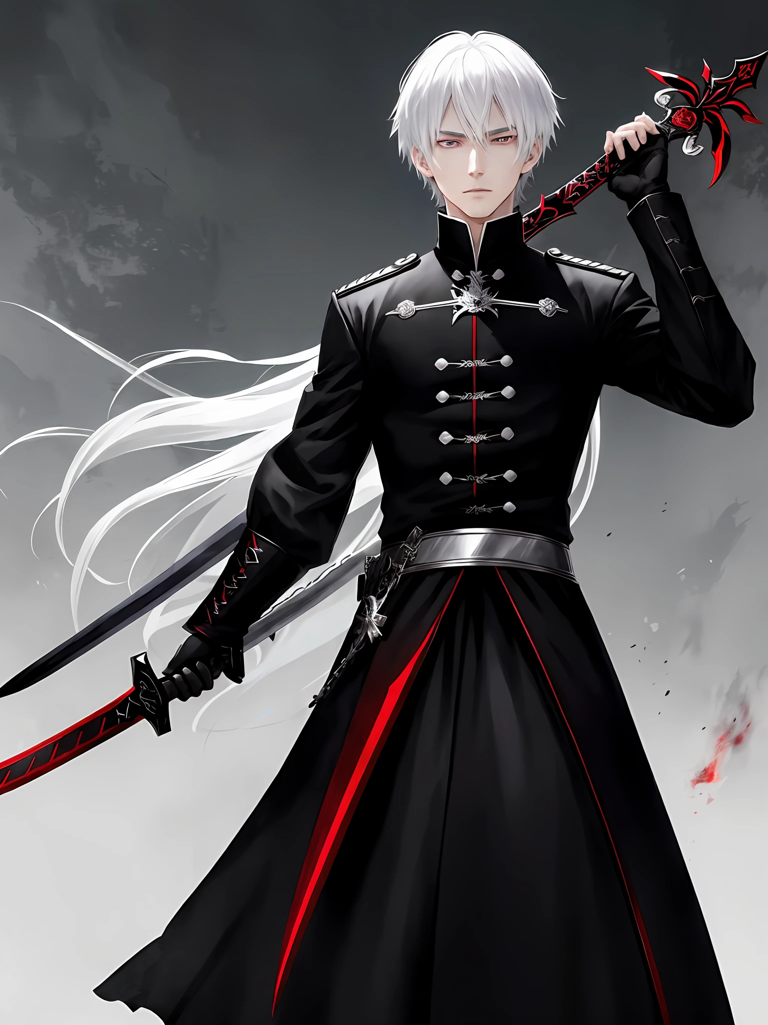 anime - style image of a man in a black uniform holding a sword, beautiful male god of death, kaneki ken, with large sword, male anime character, handsome guy in demon slayer art, tall anime guy with blue eyes, holds a black sword, swordsman, zerochan art, white haired, anime character, white haired deity, key anime art
