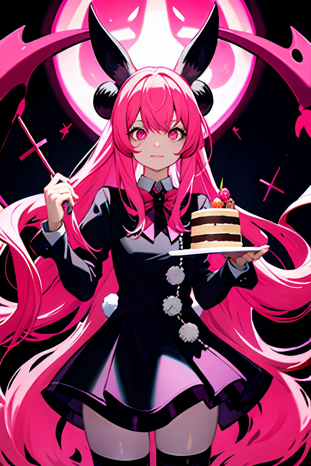 official art, unity 8k wallpaper, ultra detailed, beautiful and aesthetic, High quality, beautiful, masterpiece, best quality, (zentangle, mandala, tangle, entangle:0.6), flat color, limited palette, low contrast, a cute girl serving cake to demons, pink, bright pastel colors, kawaii, (horror), eerie, rabbit skull, goat skull, in hell, creepy, demons, claws, best lighting