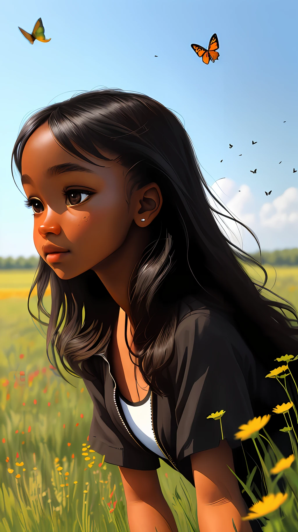High Detail, Ultra Detail, Ultra High Resolution A cute, black-skinned, innocent girl is enjoying her time in an open field, surrounded by the beauty of nature, with the warm sun shining down on her and wildflowers swaying gently in the breeze. Butterflies and birds fly around you, adding to the playful atmosphere, --v6