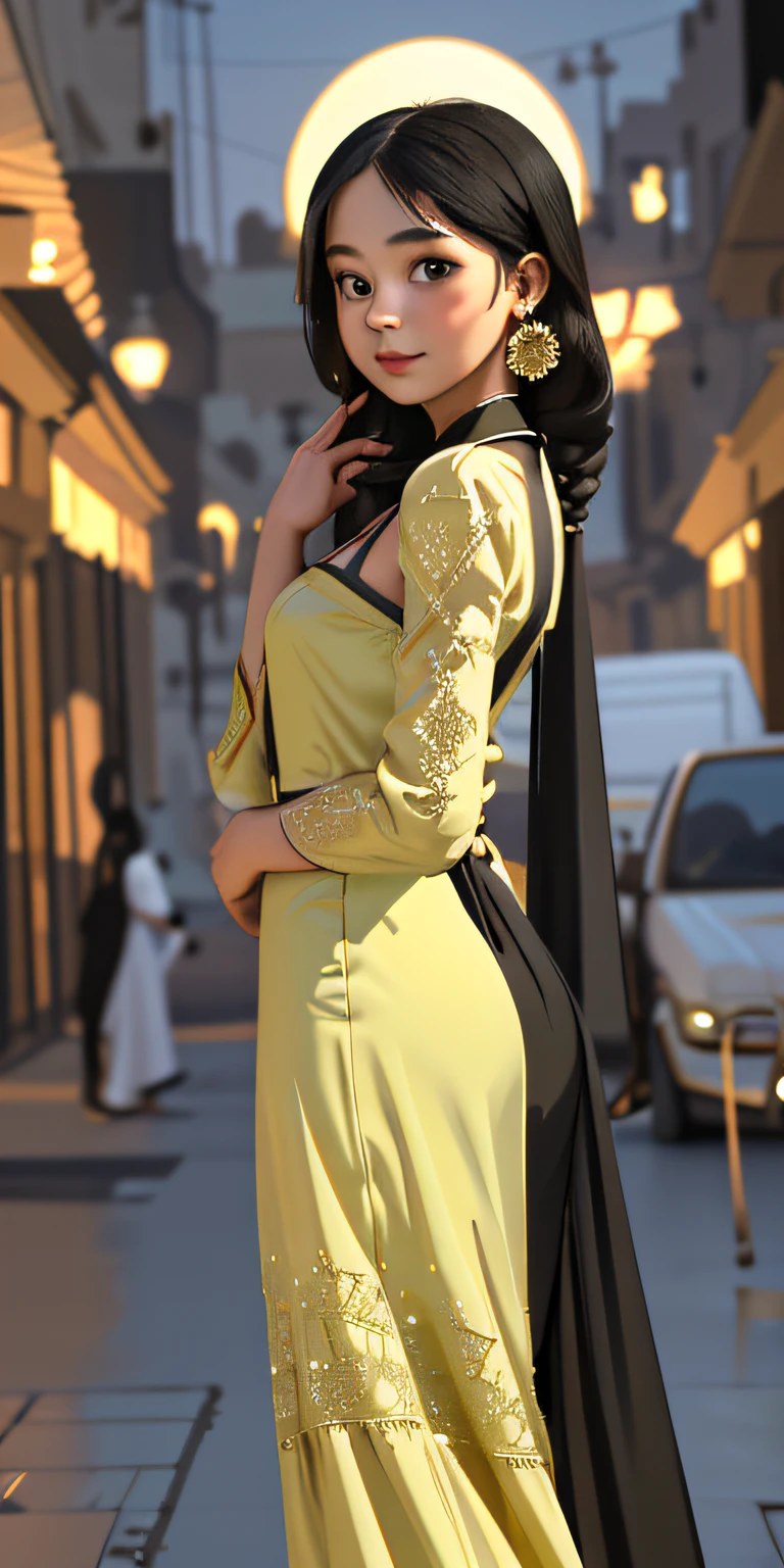 (best quality, masterpiece), 1girl, happy, antique Arabian dress, cleavage, standing, sticking out butt, looking at the viewer, blurred background, earrings, tuft of hair, night, old Baghdad