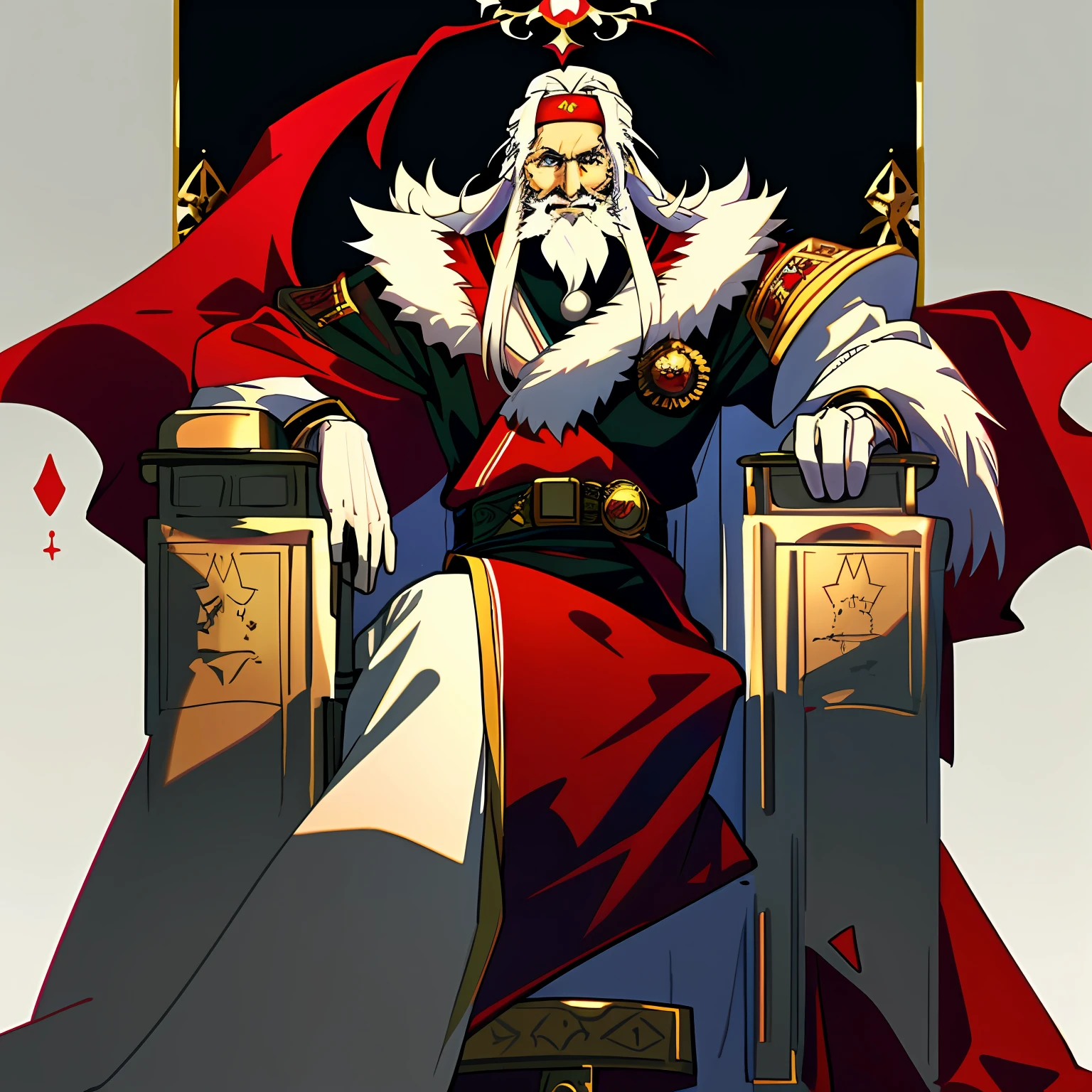 A king, long white beard, white hair, blue eyes, with happy rest, sitting on the throne in red and black clothes and with a black cape and white details, a king's crown on top of his head