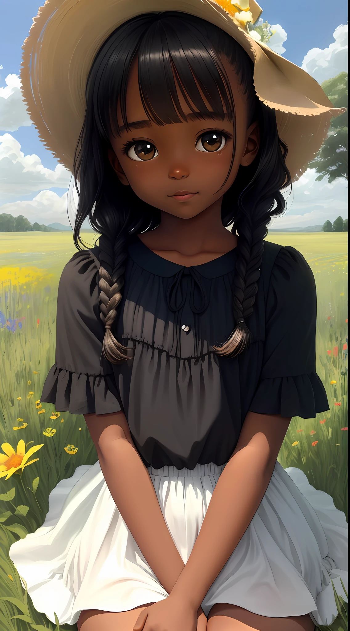 High Detail, Ultra Detail, Ultra High Resolution A cute, black-skinned, innocent girl is enjoying her time in an open field, surrounded by the beauty of nature, with the warm sun shining down on her and wildflowers swaying gently in the breeze. Butterflies and birds fly around you, adding to the playful atmosphere, --v6