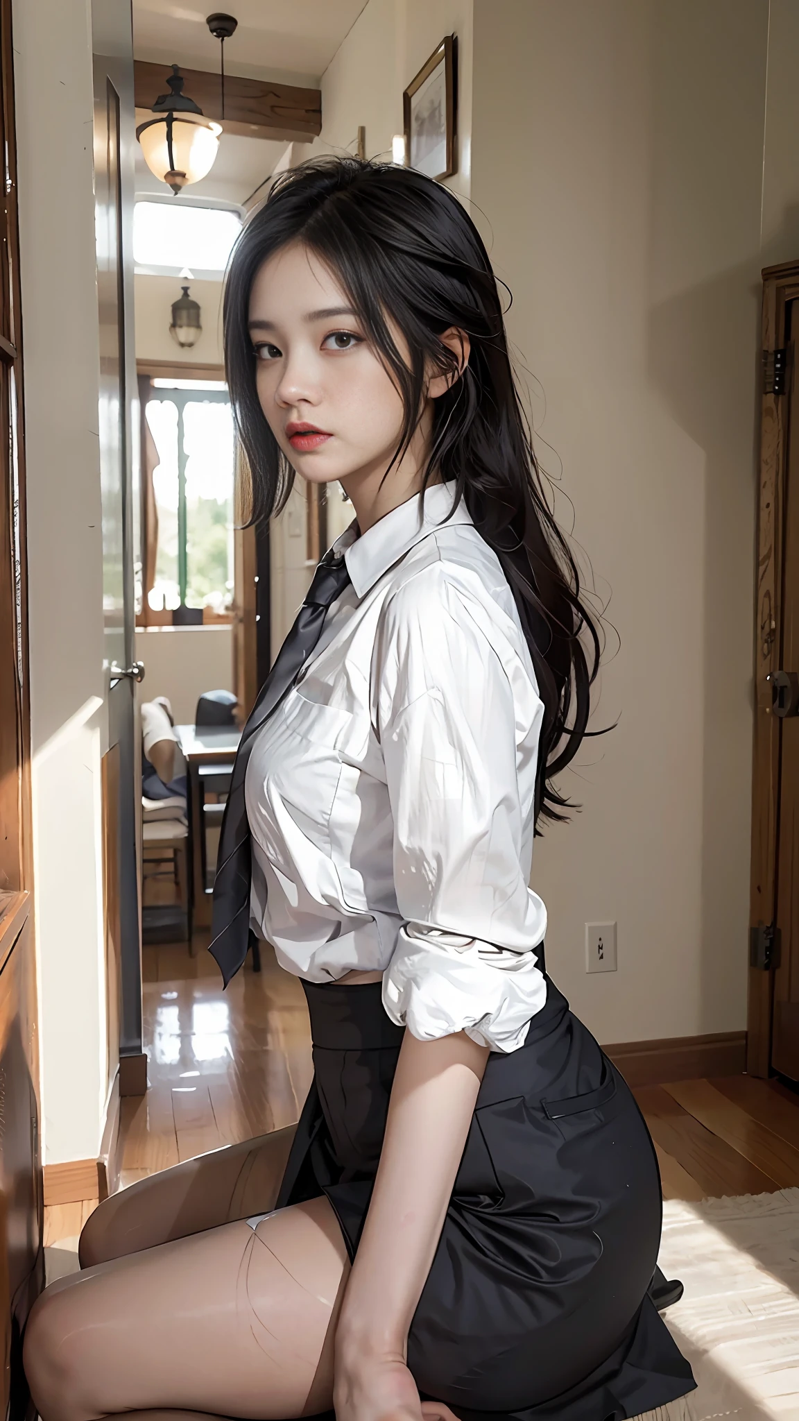 rangiku, solo, white shirt, grey skirt, from side, sitting, (panties photo)), school hallway, masterpiece, detailed, intricate details,