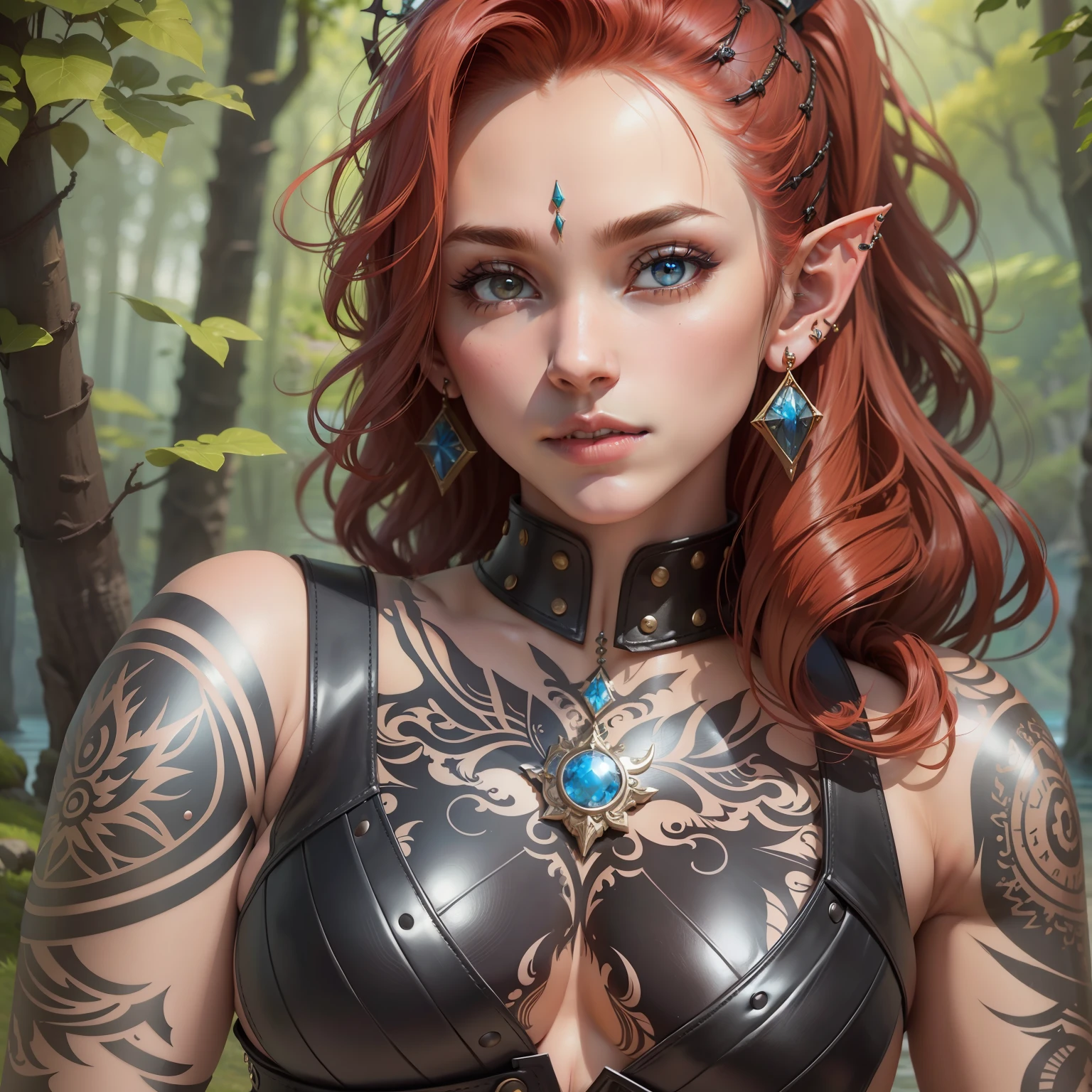 divinely beautiful, elf girl, in open leather mini armor, big tits, Nude lush boobs with piercings, bare crotch, high woven boots, jewelry, with a bow, coquettishly standing, full-length, in front of the lake rocks, erotic model, beautiful tattoos all over the body, arms and legs bracelets, red hair, gathered in a ponytail at the top of his head