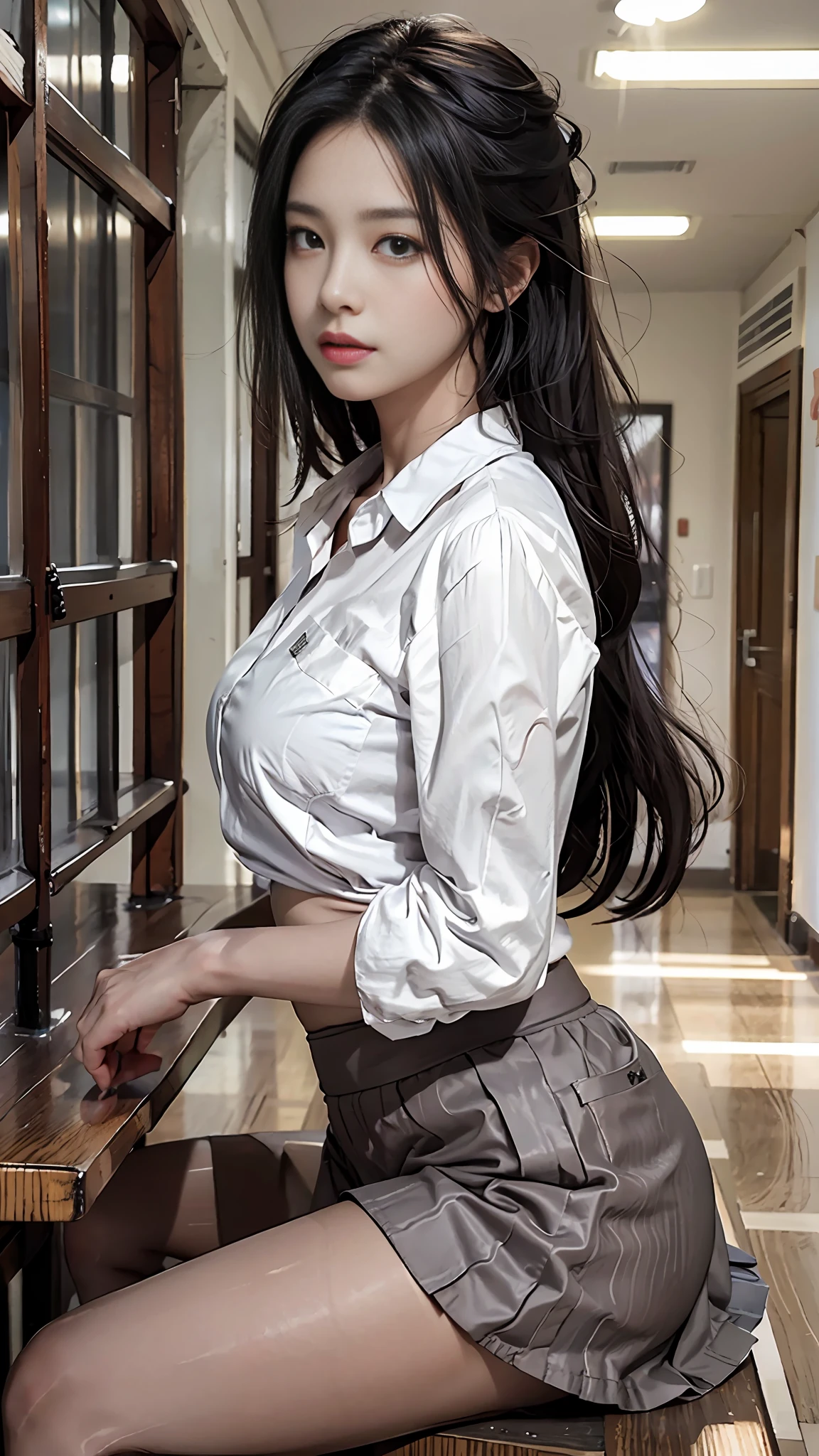 rangiku, solo, white shirt, grey skirt, from side, sitting, (panties photo)), school hallway, masterpiece, detailed, intricate details,